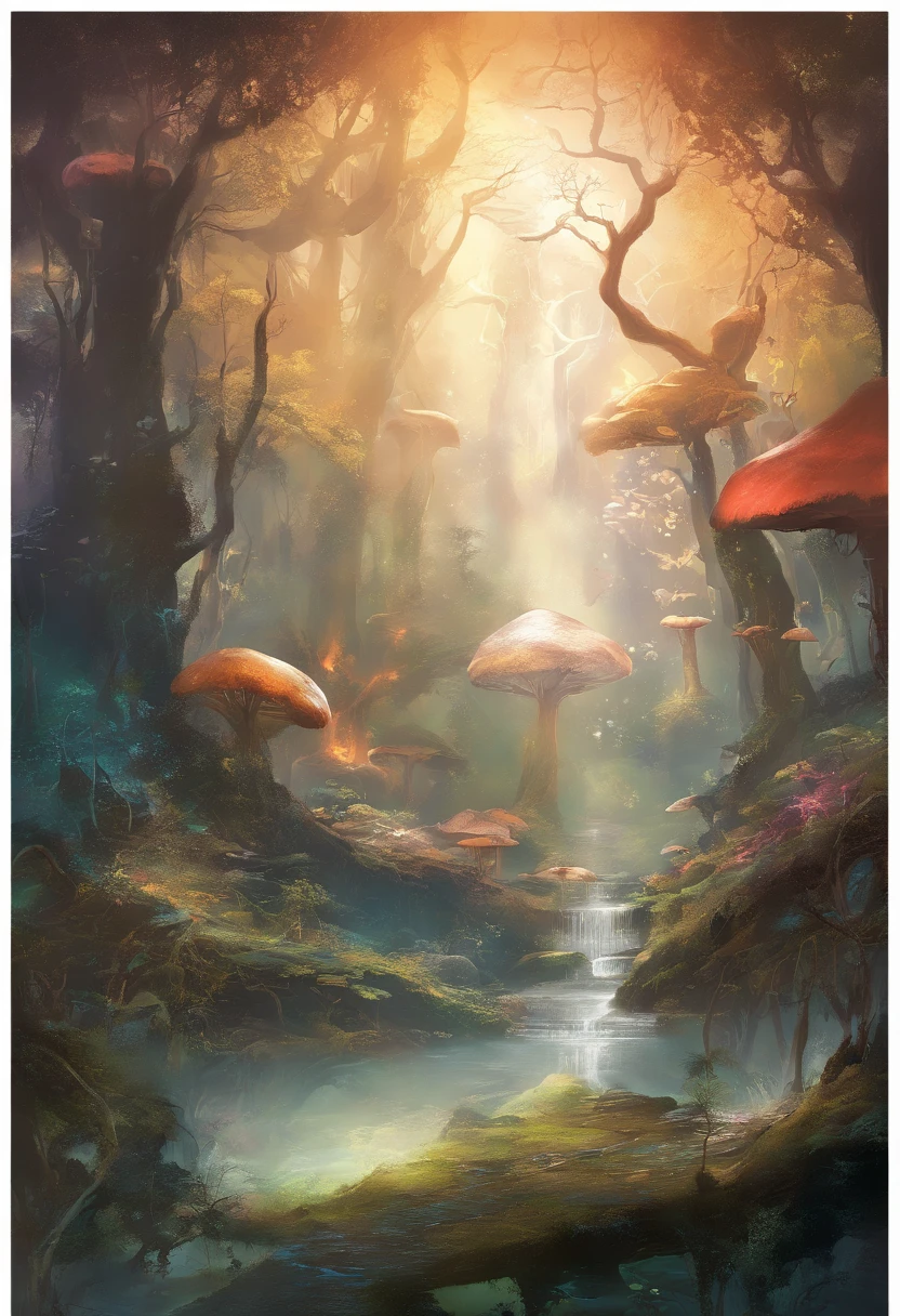 （Enchanted Forest 7，Magical creatures，（glowing mushrooms），sparkling waterfalls，fantasy，Leonora Carrington，a fantasy forest，Hazy perspective，sunlight filtering through the trees，（Glowing sika deer），Rich in color，assignment，light and shadow effect，k hd，tmasterpiece，Detailed details，depth of fields