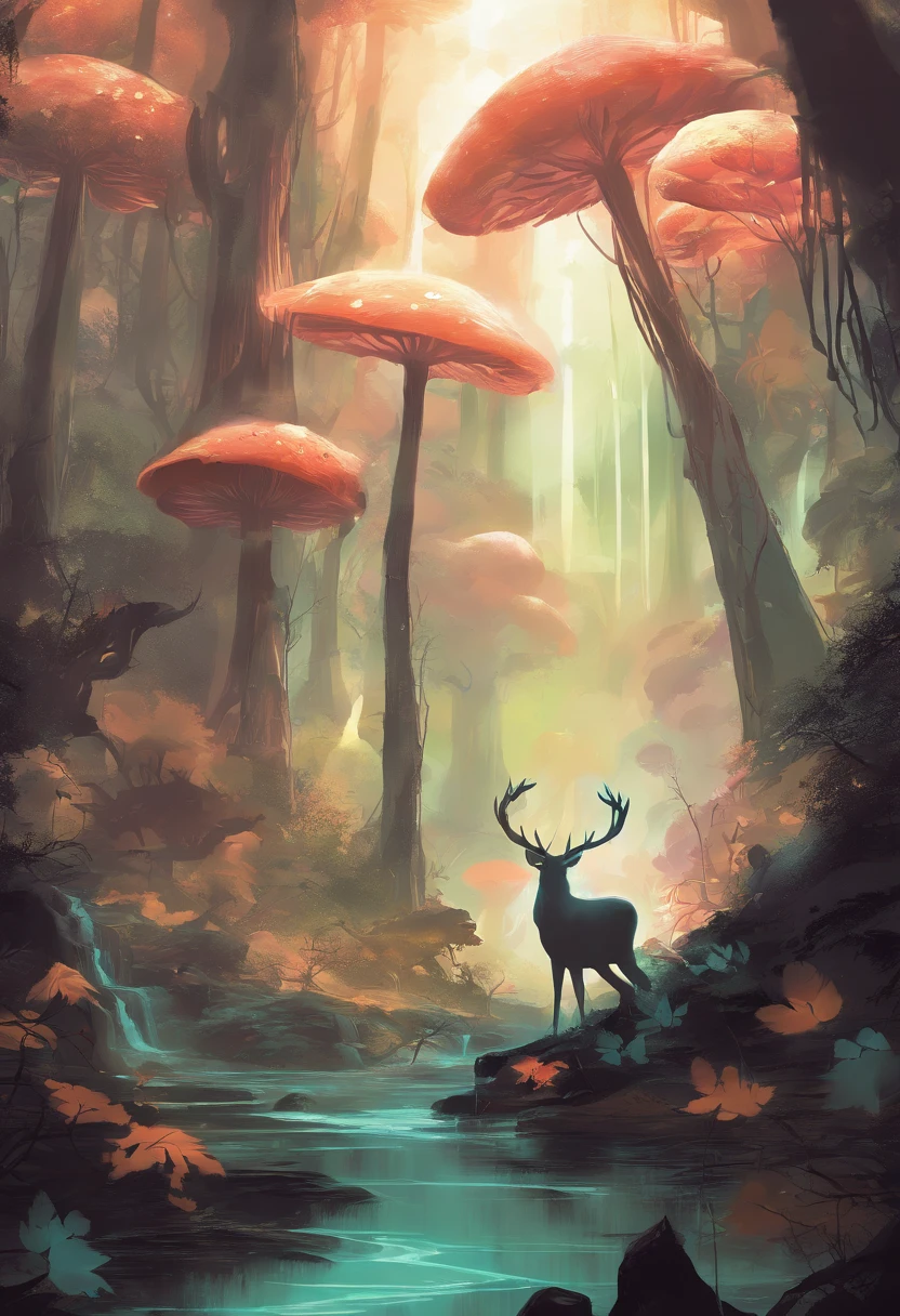 （Enchanted Forest 7，Magical creatures，（glowing mushrooms），sparkling waterfalls，fantasy，Leonora Carrington，a fantasy forest，Hazy perspective，sunlight filtering through the trees，（Glowing sika deer），Rich in color，assignment，light and shadow effect，k hd，tmasterpiece，Detailed details，depth of fields