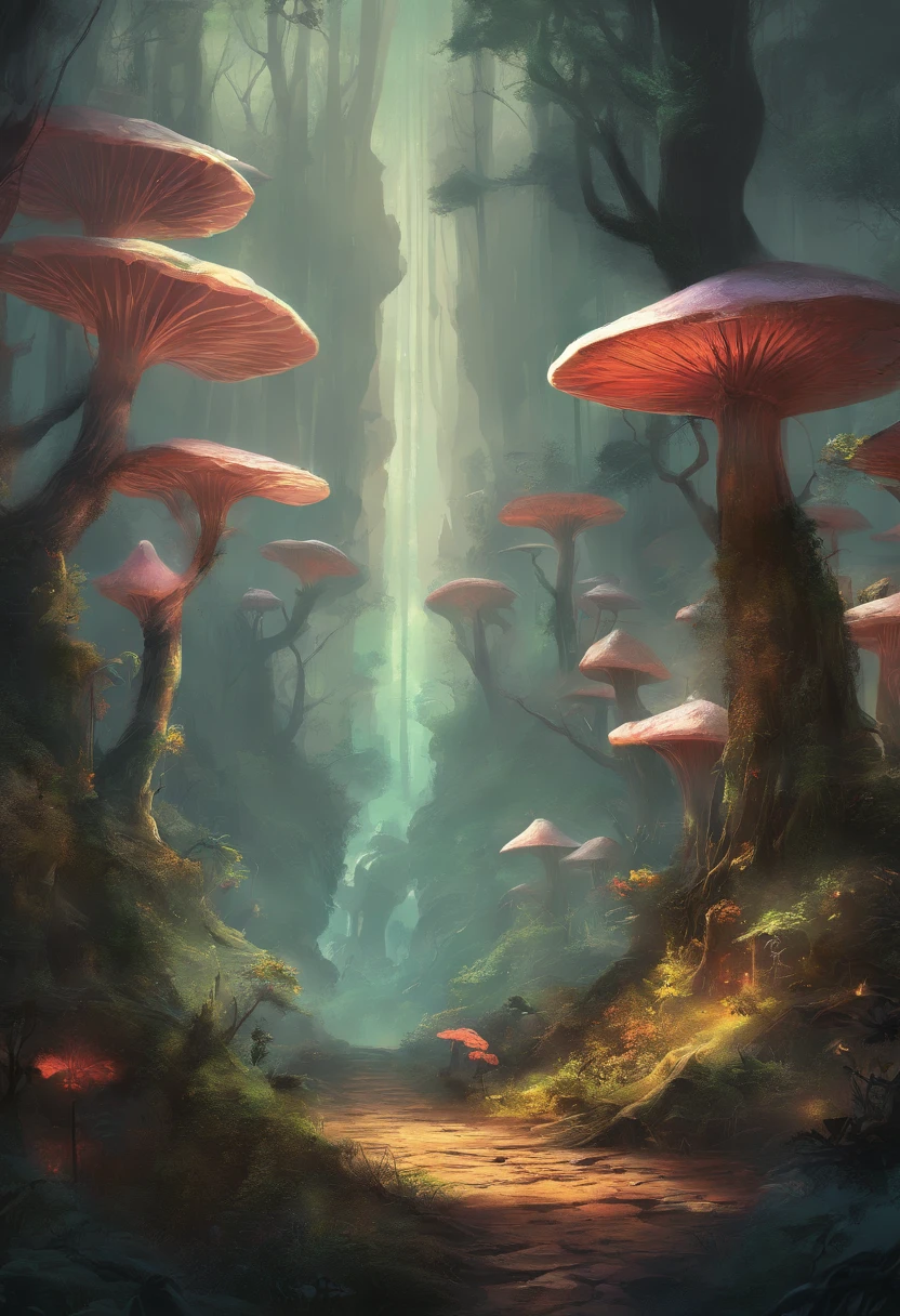 (Enchanted Forest 7,Magical creatures,(glowing mushrooms),sparkling waterfalls,fantasy,Leonora Carrington,a fantasy forest,Hazy perspective,sunlight filtering through the trees,(Glowing sika deer),Rich in color,assignment,light and shadow effect,k hd,tmasterpiece,Detailed details,depth of fields