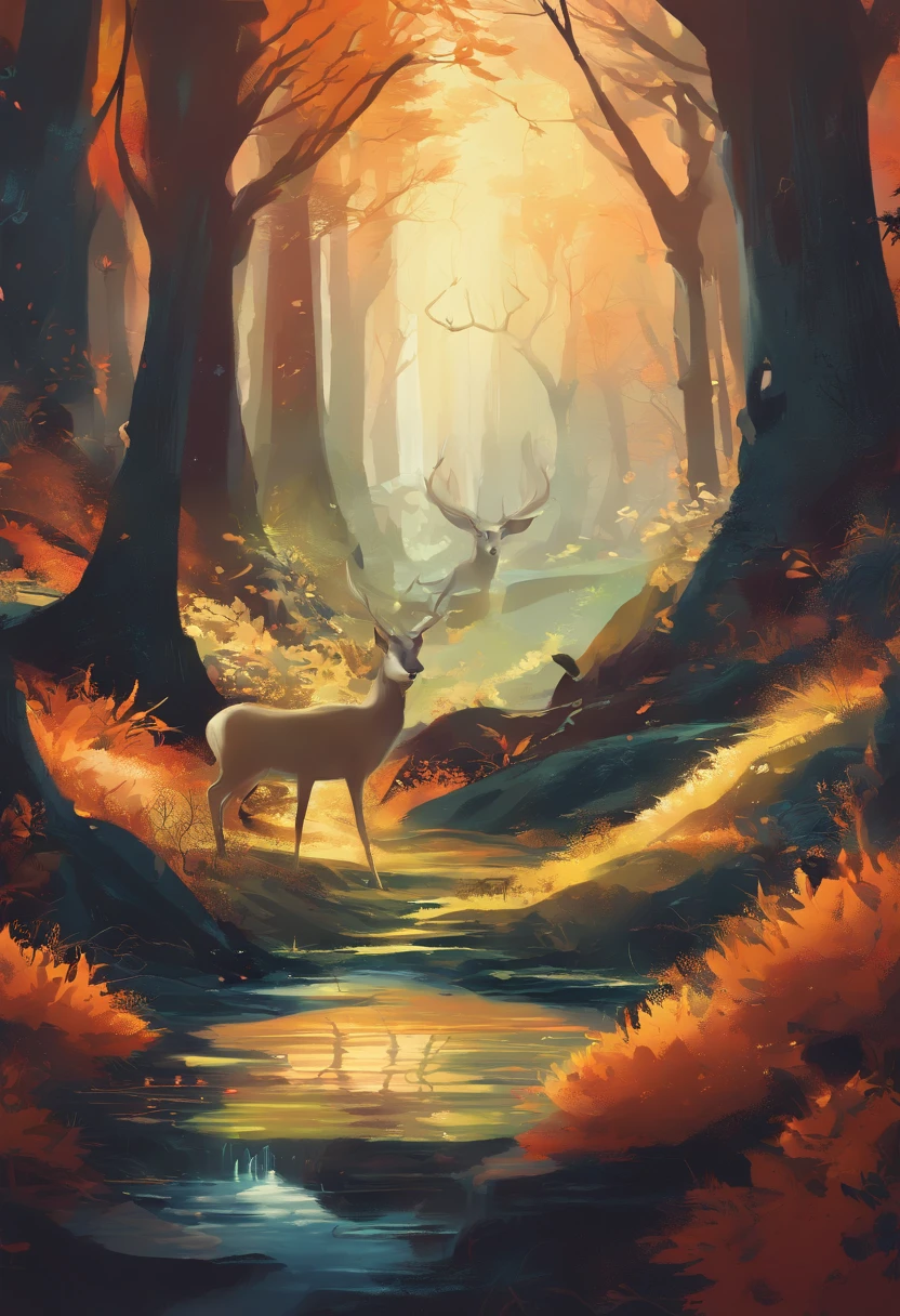 (Enchanted Forest 7,Magical creatures,(glowing mushrooms),sparkling waterfalls,fantasy,Leonora Carrington,a fantasy forest,Hazy perspective,sunlight filtering through the trees,(Glowing sika deer),Rich in color,assignment,light and shadow effect,k hd,tmasterpiece,Detailed details,depth of fields