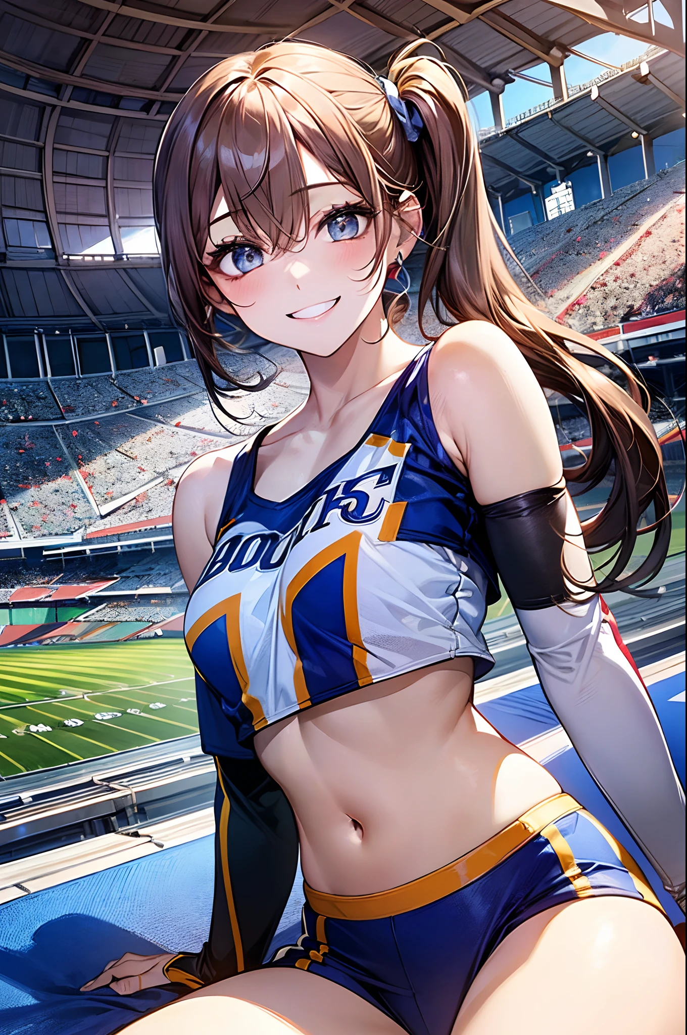 1 girl, japanese, , white skin, medium chest, , watching the view, (adorable smiling:1.5),
beautiful detailed eyes, blue eyes, (long hair:1.4, bangs, hair between eye, side ponytail:1.7), (navel:1.1), light brown hair,
beautiful hair, beautiful clavicle, beautiful underboob, beautiful thighs,
(current cheerleader style:1.4), sitting,
(beautiful scenery), day time, (stadium:1.5),
(8k, top-quality, masterpiece), beautiful illustration, cowboy shot, movie lighting,