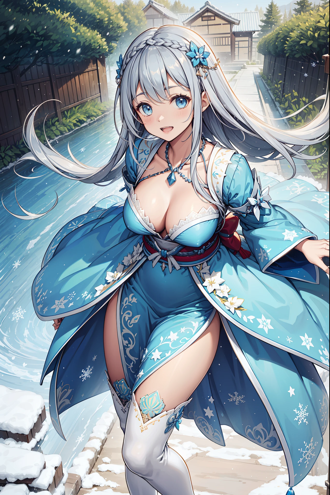 saints,divino,having fun,salvador,(Light blue and white translucent dress:1.2),Gray thigh boots,(Silvery hair:1.2),eBlue eyes,(Headdress of the saint),Light blue cloth,Maximalism,Ruffles,Lace,Delicate embroidery,Delicate pattern,(exquisite costumes),see-through transparent clothes,The background is inside a Japanese-style garden,glittery,Shine,Snowflakes flying,(Snowy nights:1.2),solo person,Fluttering skirt,Beautiful detailed face