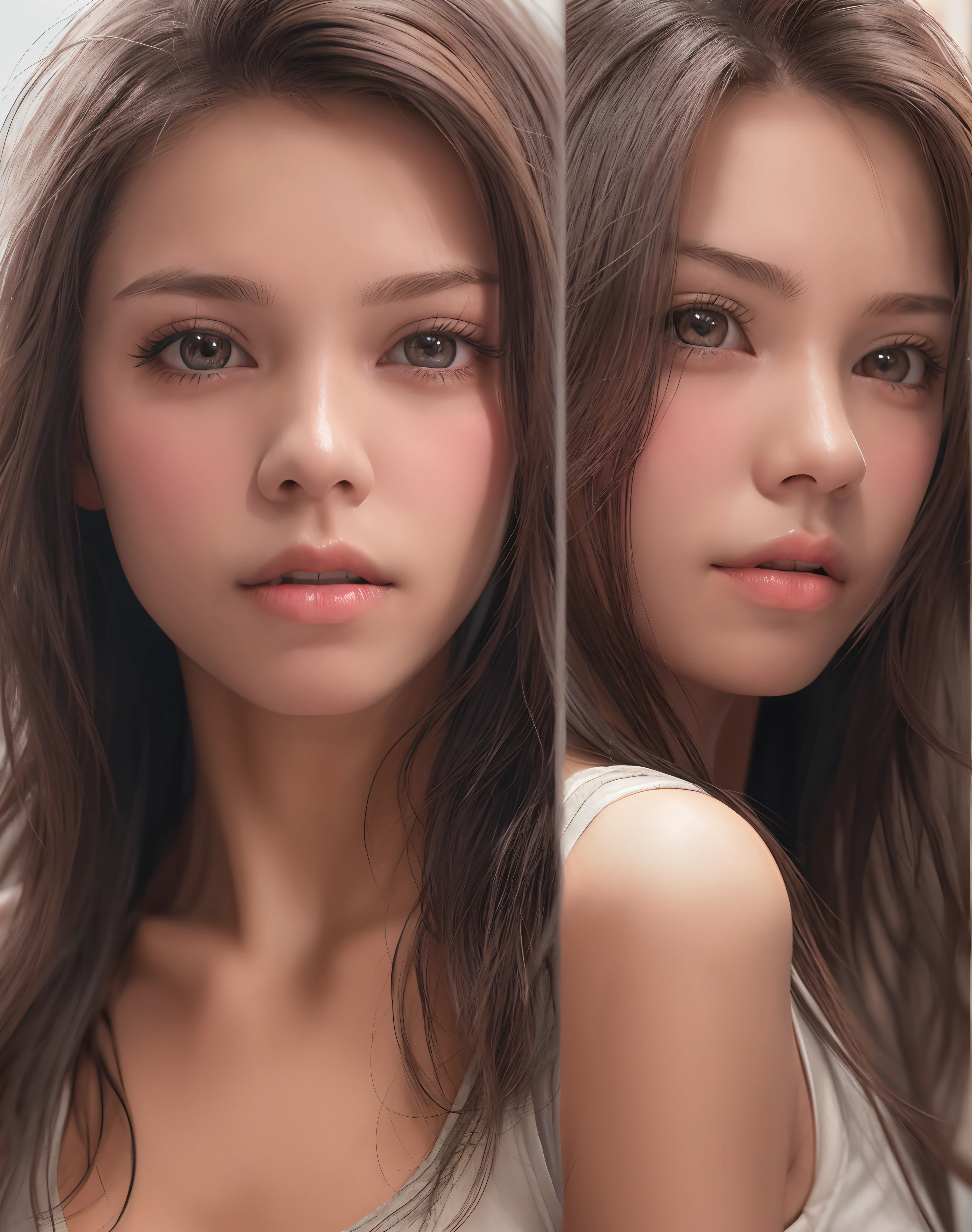High fidelity Photograph, masutepiece, Delicate hair texture, Detailed skin texture, detailed cloth texture, 8K, Add fabric details, Very delicate skin texture, extremely detailed photo, Skin pores, Portrait of a girl, wearing tanktop,