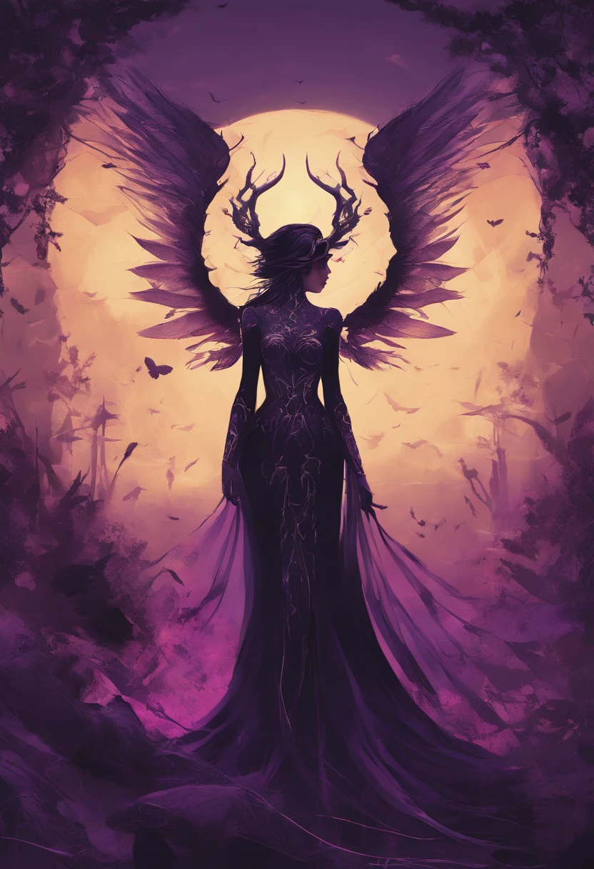 (dunkel,gotisch,beautiful,artistic),lila und schwarzes Kleid,long black hair with purple highlights,Detailed purple and black wings,black horns,durchdringende lila Augen,High-resolution 8K image,dark and mysterious background,Lebendige Farben,Unendliche Dunkelheit,somber atmosphere, Goldene Verzierungen