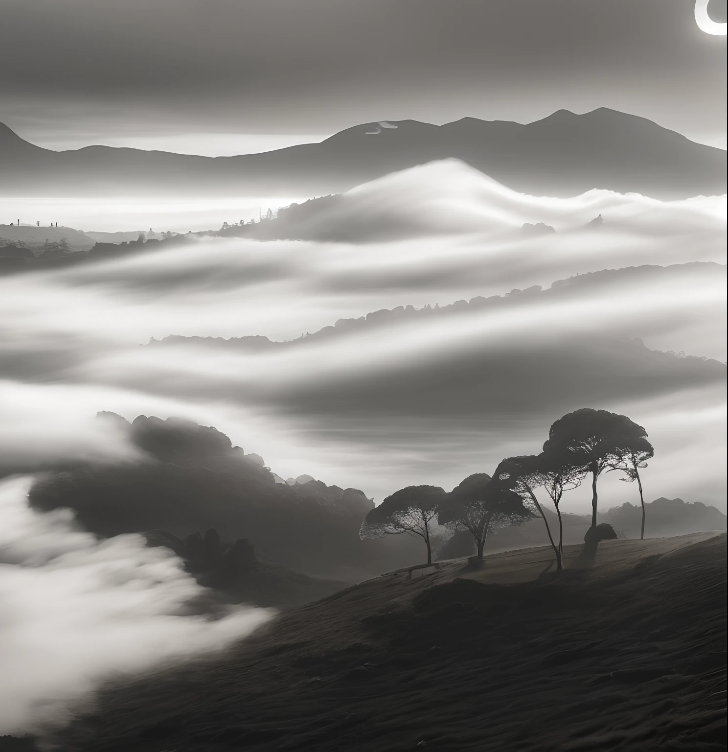 trees on a hill with fog in the distance, black and white photography, black-and-white photography, black - and - white photography, award winning landscape photo, trending on 500px, trending on 5 0 0 px, black and white matte painting, an amazing landscape image, by Max Dauthendey, (mist), mists