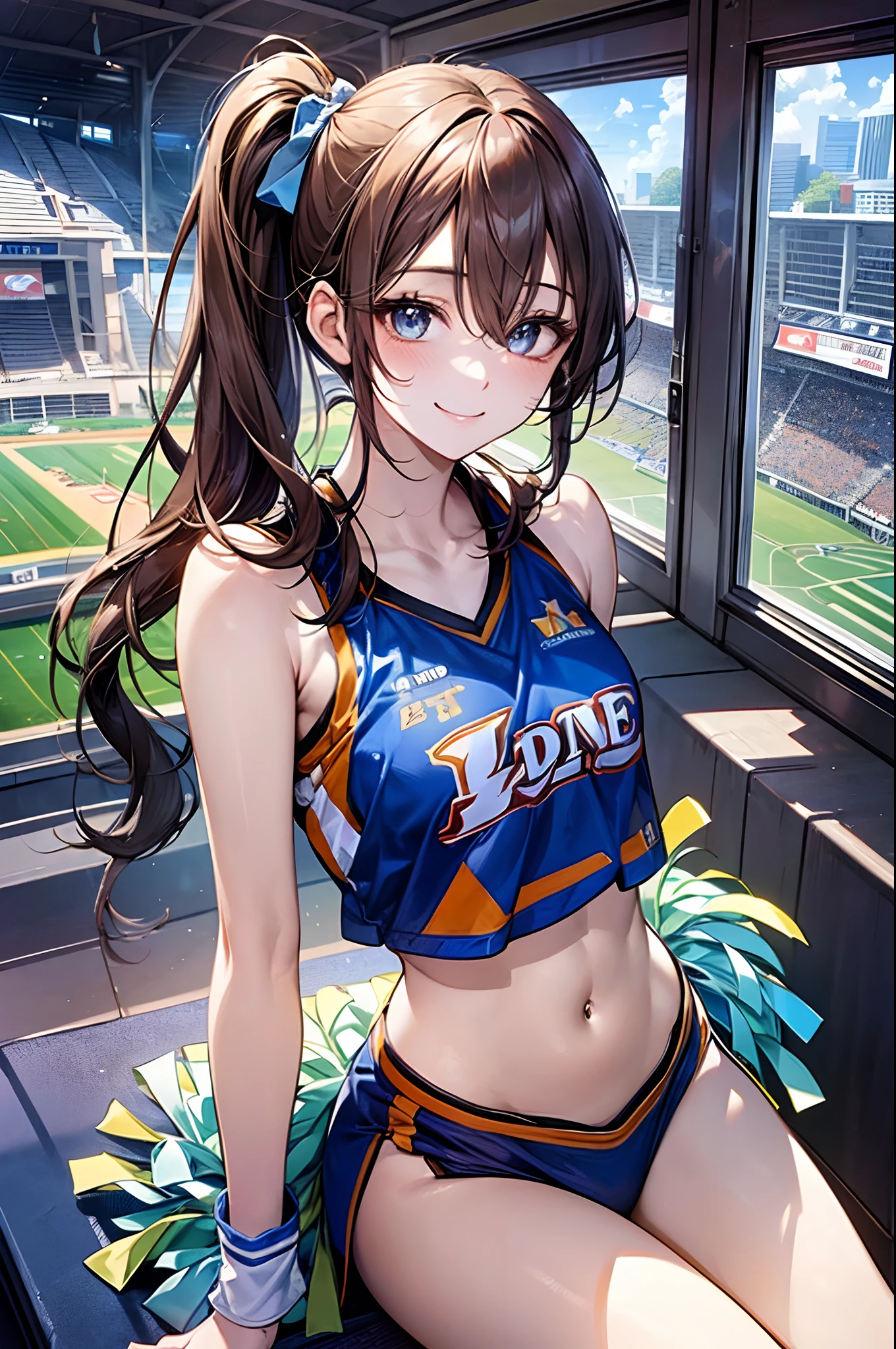 1 girl, japanese, 14 years old, white skin, medium chest, , watching the view, (adorable smiling:1.5),
beautiful detailed eyes, blue eyes, (long hair:1.4, bangs, hair between eye, side ponytail:1.7), (navel:1.1), light brown hair,
beautiful hair, beautiful clavicle, beautiful underboob, beautiful thighs,
(current cheerleader style:1.4), sitting,
(beautiful scenery), day time, (stadium:1.5),
(8k, top-quality, masterpiece), beautiful illustration, cowboy shot, movie lighting,