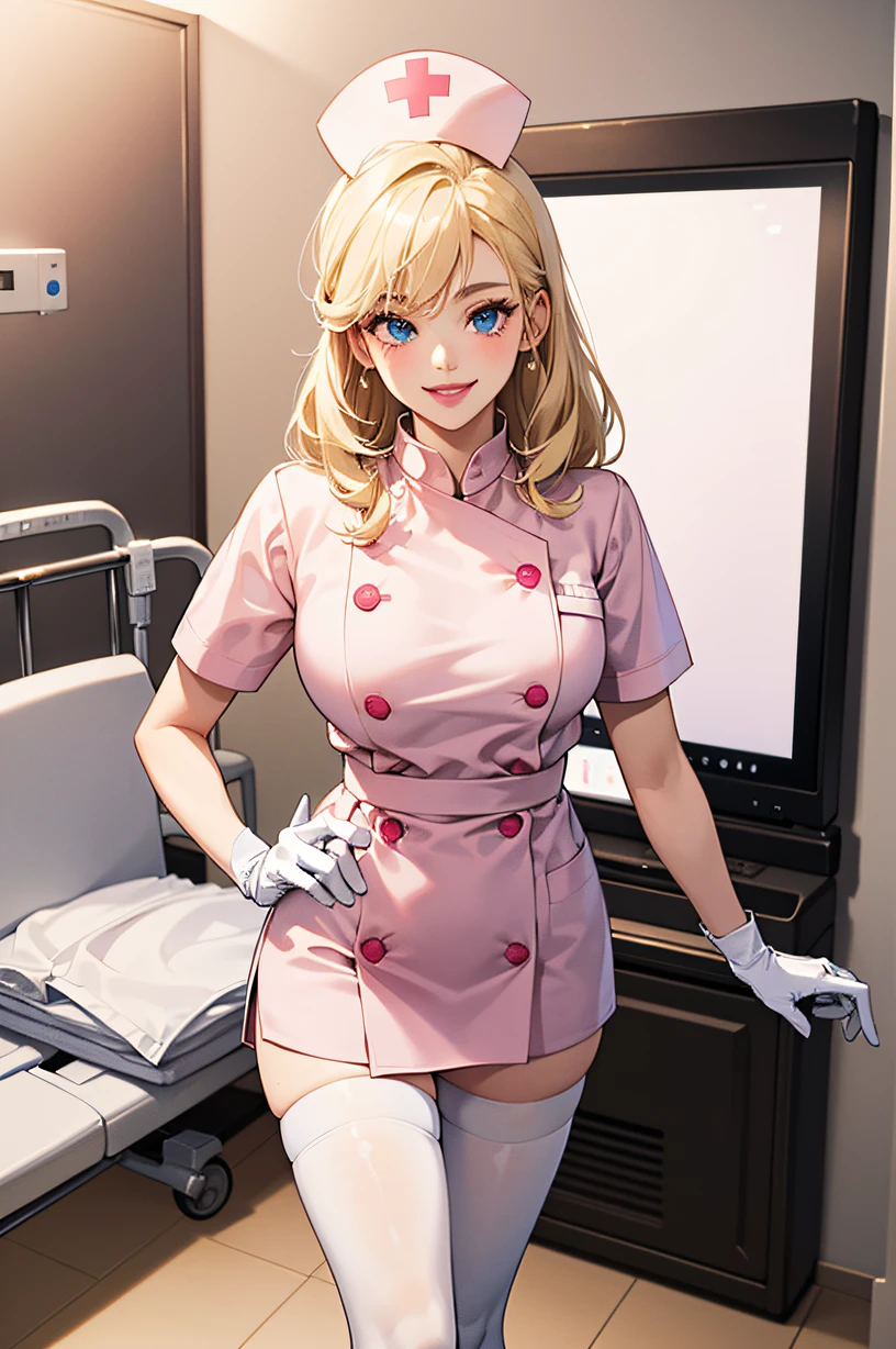 1girl, solo, nurse, nurse cap, white wear, ((white legwear, zettai ryouiki)), white gloves, blonde hair, blue eyes, pink lips, smile, standing, ((hospital room)), sharp outline, short sleeves, best quality, masterpiece