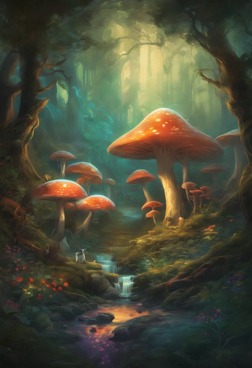 (Enchanted Forest 7,Magical creatures,(glowing mushrooms),sparkling waterfalls,fantasy,Leonora Carrington,a fantasy forest,Hazy perspective,sunlight filtering through the trees,(Glowing sika deer),Rich in color,assignment,light and shadow effect,k hd,tmasterpiece,Detailed details,depth of fields