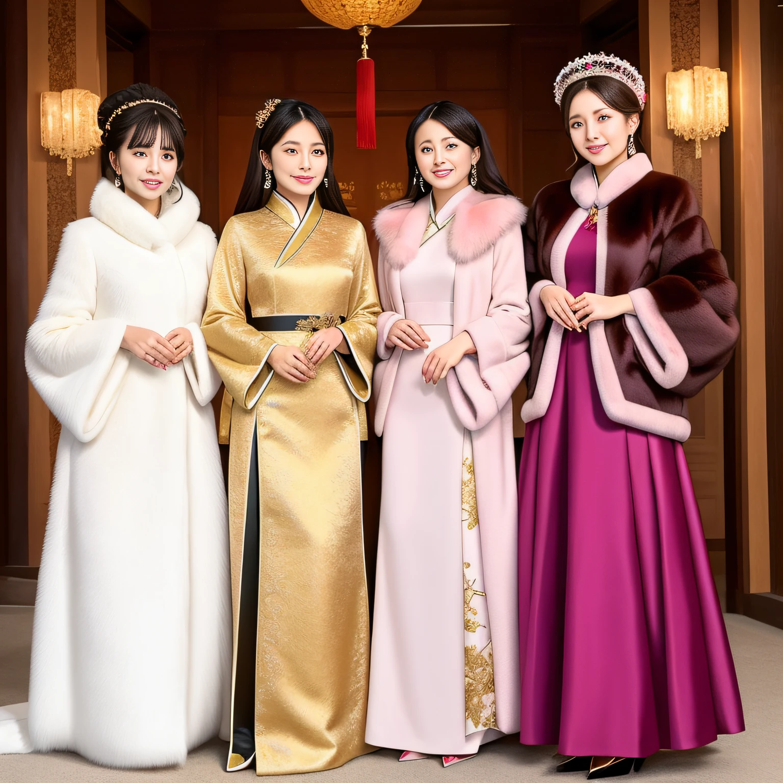 Luxurious fur coat、Three Lady、chinese dresses