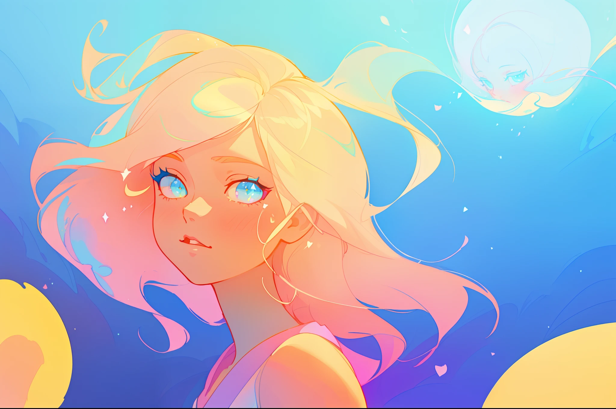beautiful anime girl, portrait, vibrant pastel colors, (colorful), magical lights, long flowing colorful hair, inspired by Glen Keane, inspired by Lois van Baarle, disney art style, by Lois van Baarle, glowing aura around her, by Glen Keane, jen bartel, glowing lights! digital painting, flowing glowing hair, glowing flowing hair, beautiful digital illustration, fantasia background, whimsical, magical, fantasy, beautiful face, ((masterpiece, best quality)), intricate details, highly detailed, sharp focus, 8k resolution, sparkling detailed eyes, liquid watercolor