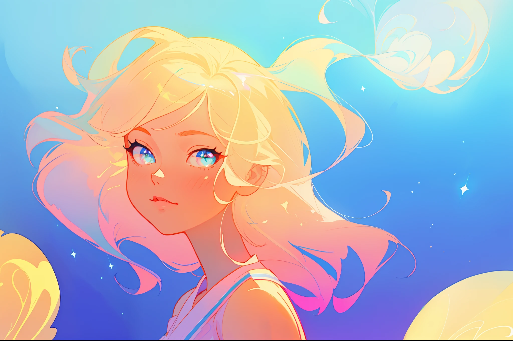 beautiful anime girl, portrait, vibrant pastel colors, (colorful), magical lights, long flowing colorful hair, inspired by Glen Keane, inspired by Lois van Baarle, disney art style, by Lois van Baarle, glowing aura around her, by Glen Keane, jen bartel, glowing lights! digital painting, flowing glowing hair, glowing flowing hair, beautiful digital illustration, fantasia background, whimsical, magical, fantasy, beautiful face, ((masterpiece, best quality)), intricate details, highly detailed, sharp focus, 8k resolution, sparkling detailed eyes, liquid watercolor