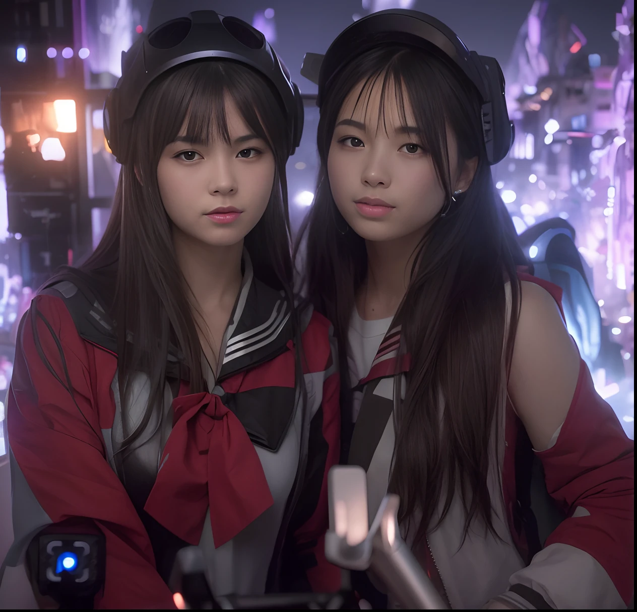 Highest image quality, outstanding details, ultra-high resolution, (realism: 1.4), the best illustration, favor details, highly condensed 1girl, with a delicate and beautiful face, dressed in a black and fuschia mecha, wearing a mecha helmet, holding a directional controller, riding on a motorcycle, the background is a high-tech lighting scene of the future city.