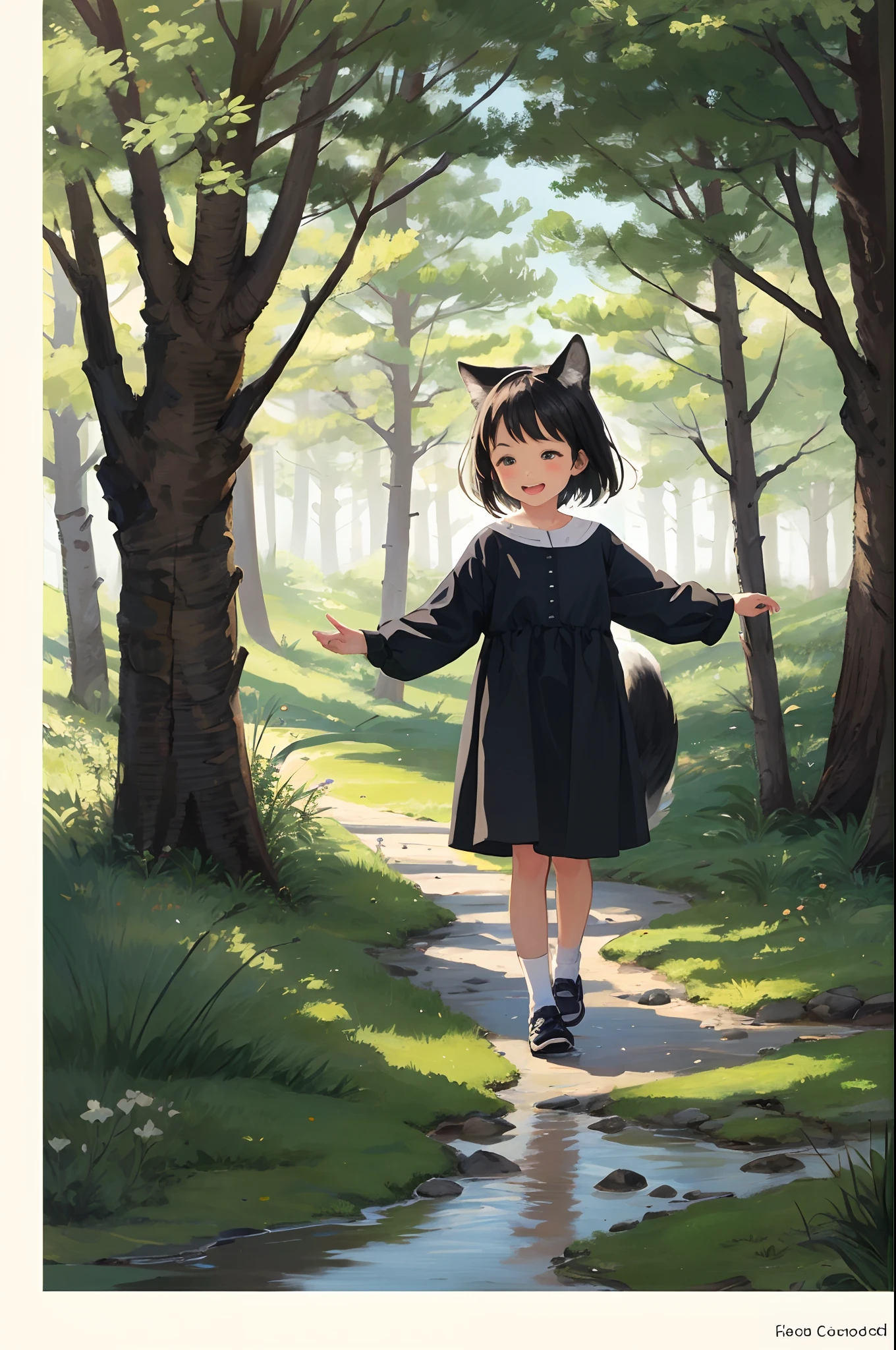 Simple design, Flat design, postcard, greeting card, Little girl frolicking with wolves in the forest,