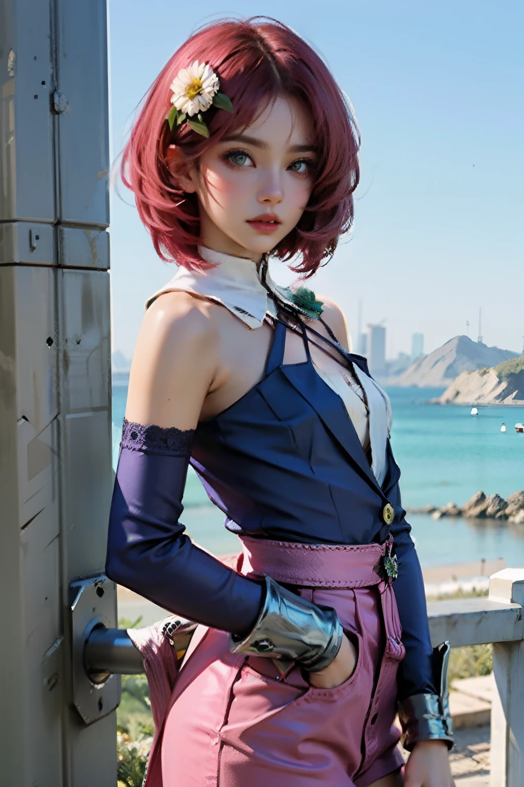 (master part, melhor qualidade) Alisa Rosto bonito, Olhos verdes detalhados , roupas elegantes e detalhadas , puffy lips ,Short Pink Hair Flower Accessories, (melhores detalhes) ( melhor qualidade) espetacular, dramatic scenery, tekken