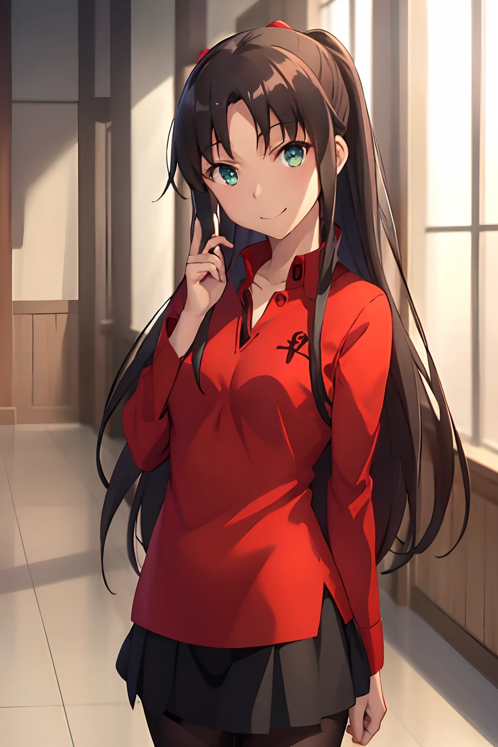 Best Quality, (masutepiece:1.2), Highly detailed,
Indoors, Head tilt,
Tohsaka Rin,
1girl in, Solo, Standing, Looking at the viewer, from the front side, Closed mouth, Smile,
Long hair, Brown hair, Blue eyes,
Red Shirt, 鎖骨, Miniskirt, Black skirt, Black pantyhose,