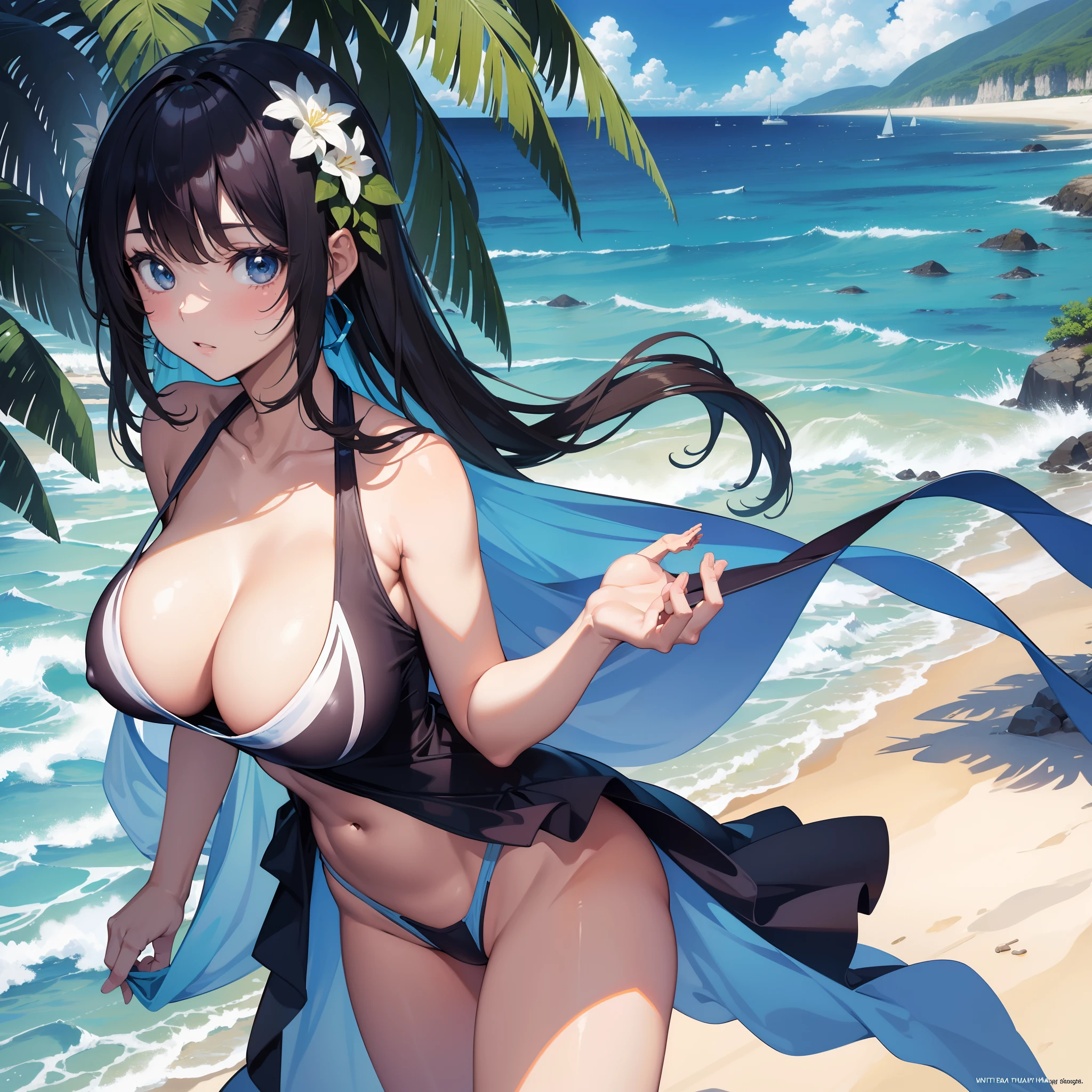 (masterpiece) High quality, ultra-detailed 16K fantasy beach illustration featuring (1girl) wearing a (swimsuit) with anatomically correct proportions and emphasis on (big boobs).