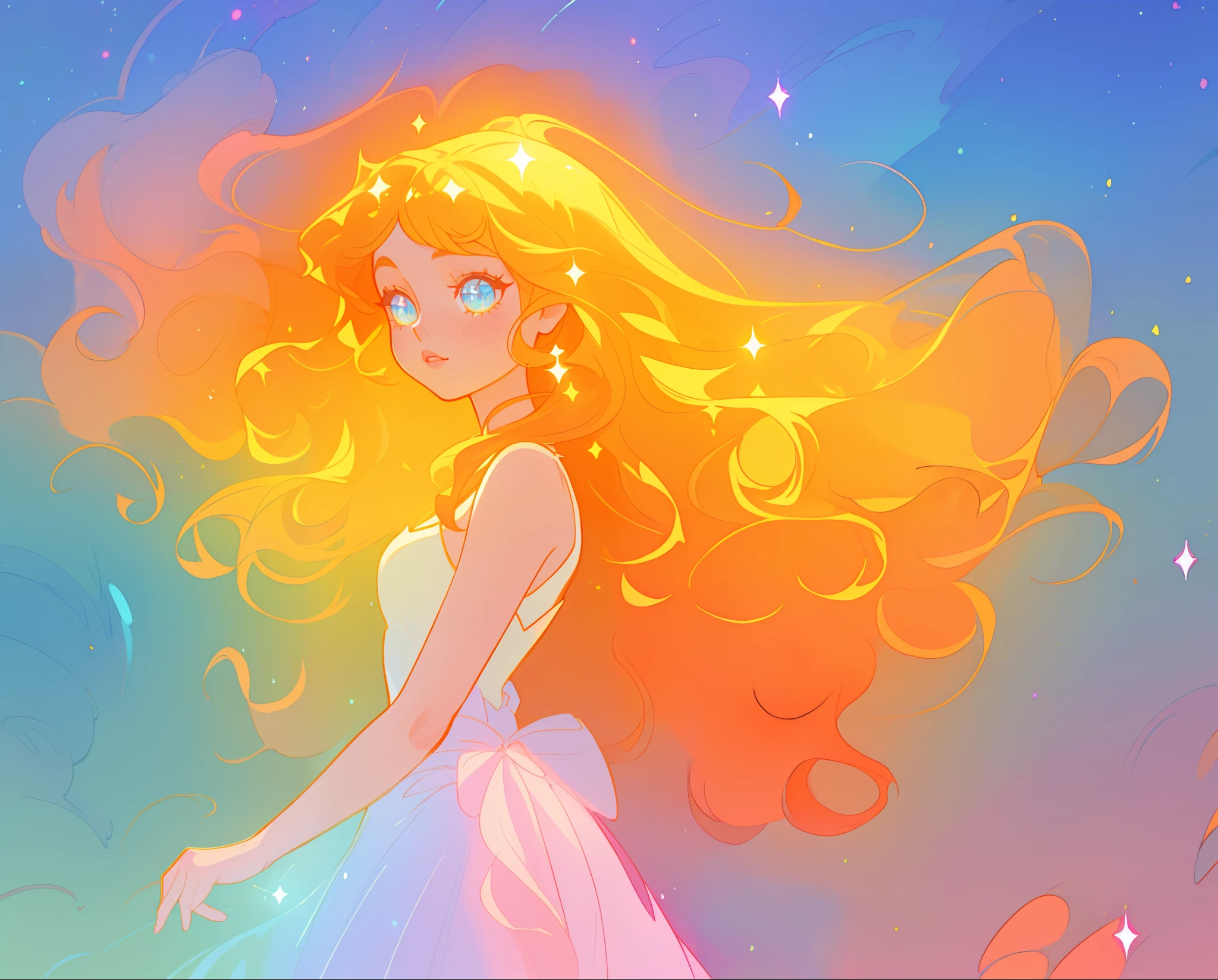 beautiful anime girl in white princess ballgown, vibrant pastel colors, (colorful), magical lights, red and gold long wavy hair, sparkling lines of light, inspired by Glen Keane, inspired by Lois van Baarle, disney art style, by Lois van Baarle, glowing aura around her, by Glen Keane, jen bartel, glowing lights! digital painting, flowing glowing hair, glowing flowing hair, beautiful digital illustration, fantasia background, whimsical, magical, fantasy, beautiful face, ((masterpiece, best quality)), intricate details, highly detailed, sharp focus, 8k resolution, sparkling detailed eyes, liquid watercolor