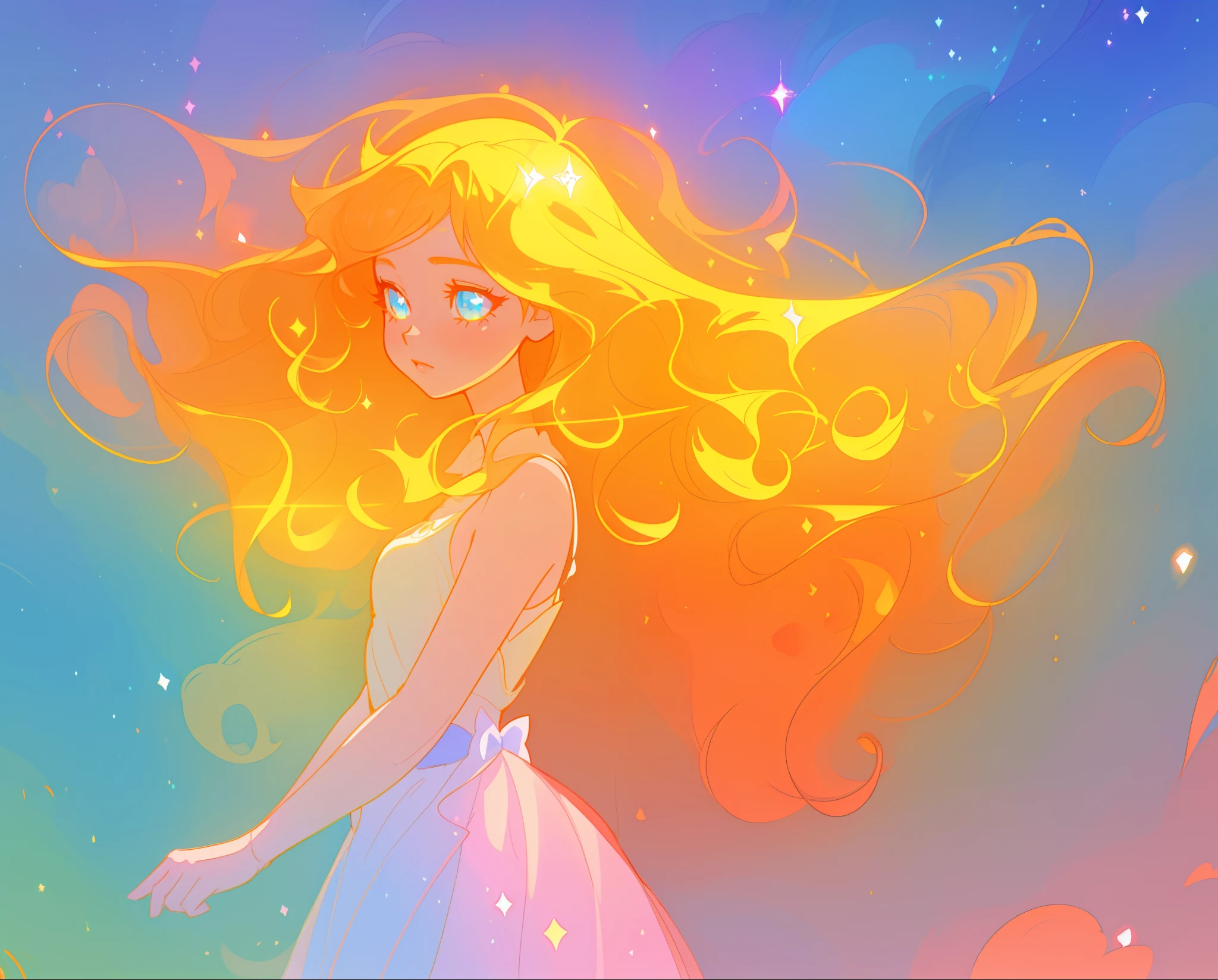 beautiful anime girl in white princess ballgown, vibrant pastel colors, (colorful), magical lights, red and gold long wavy hair, sparkling lines of light, inspired by Glen Keane, inspired by Lois van Baarle, disney art style, by Lois van Baarle, glowing aura around her, by Glen Keane, jen bartel, glowing lights! digital painting, flowing glowing hair, glowing flowing hair, beautiful digital illustration, fantasia background, whimsical, magical, fantasy, beautiful face, ((masterpiece, best quality)), intricate details, highly detailed, sharp focus, 8k resolution, sparkling detailed eyes, liquid watercolor