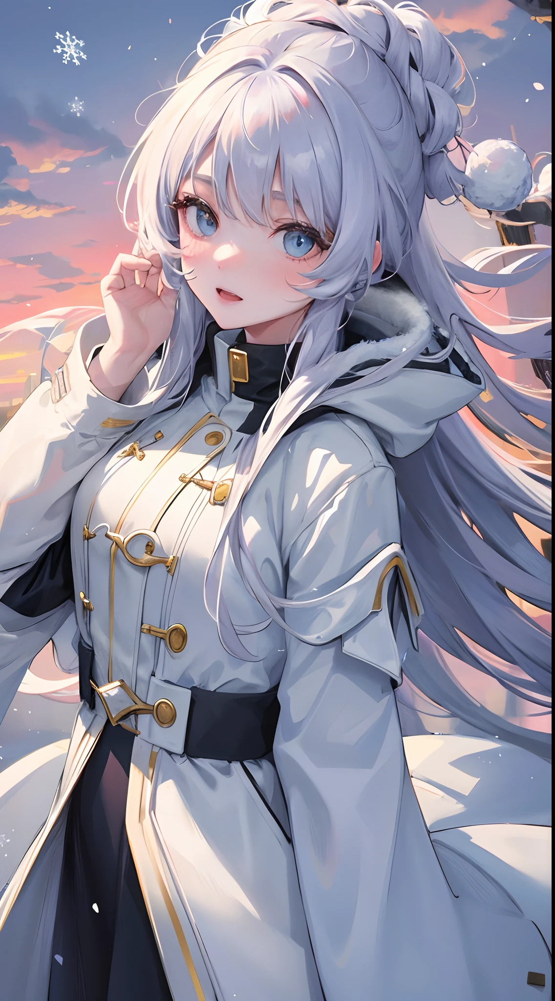A girl,winter clothes,Manteau,围巾,Winters,the setting sun,snowflakes falling,snowfield,petals,Hyper-Resolution,accuracy,detail render,(Delicate facial portrayal)(Fine hair portrayal)(highest quality)(Master masterpieces)(High degree of completion)(a sense of atmosphere)tmasterpiece,ultra - detailed(half-body portrait)
