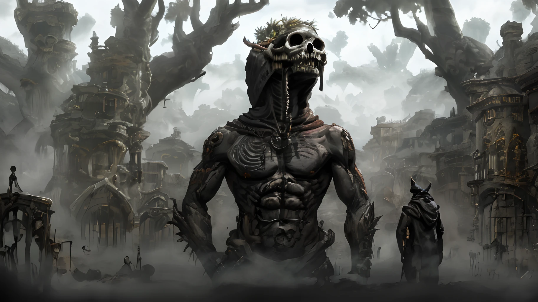 Humanoid scary monster with wolf skull on head covered by souls and shadows wearing hood. Fundo branco simples