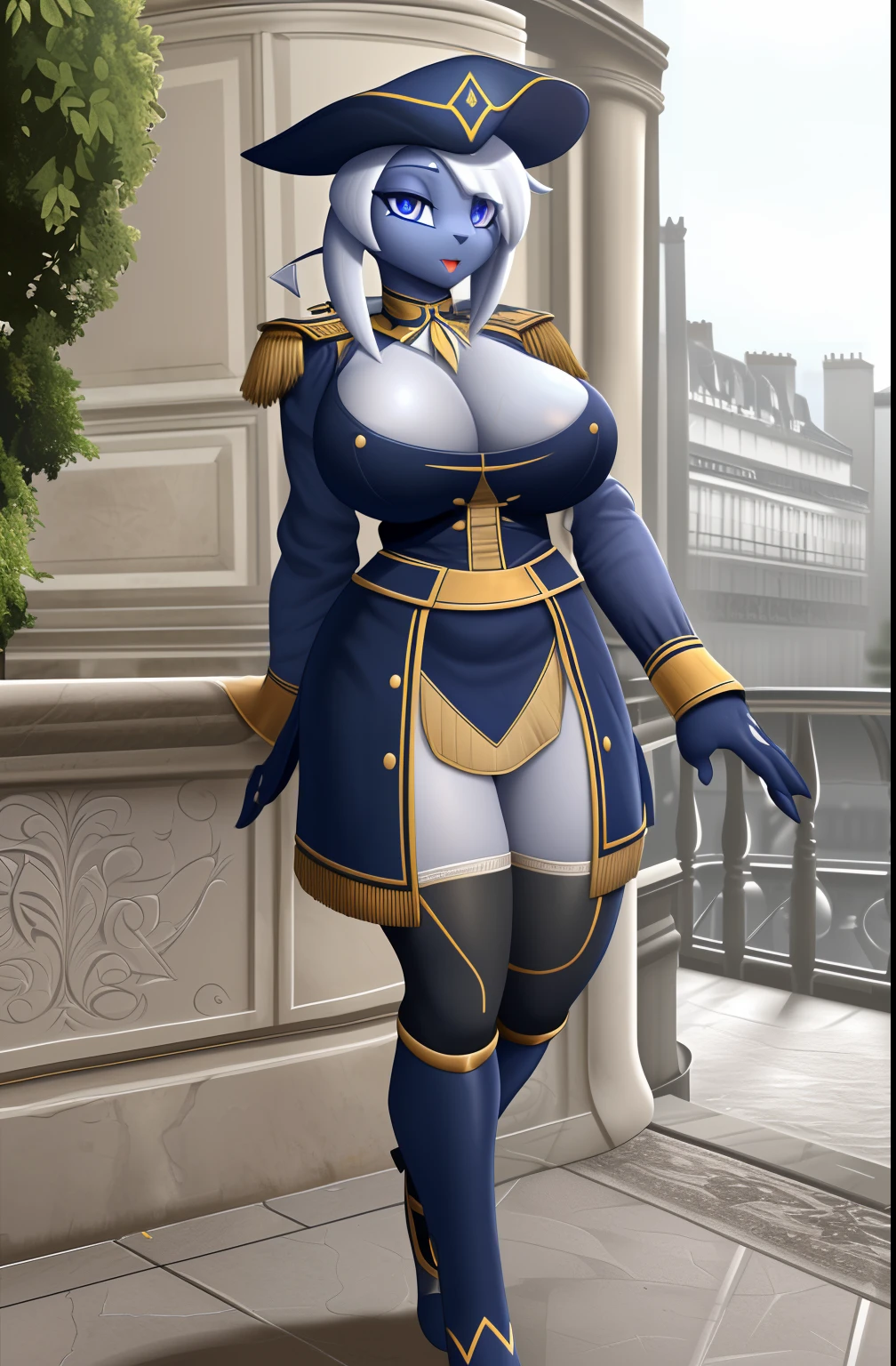 1girl (Made by R-MK), Absol woman, ((solo)), ((big and firm breasts, antrum, extremely detailed, extremely detailed legs, extremely detailed arms, extremely detailed face, perfectly detailed eyes, perfectly detailed anatomy)), looking at viewer, (Paris), ((Wearing French colonial soldier uniform)), ((Napoleon French Bicornio))
