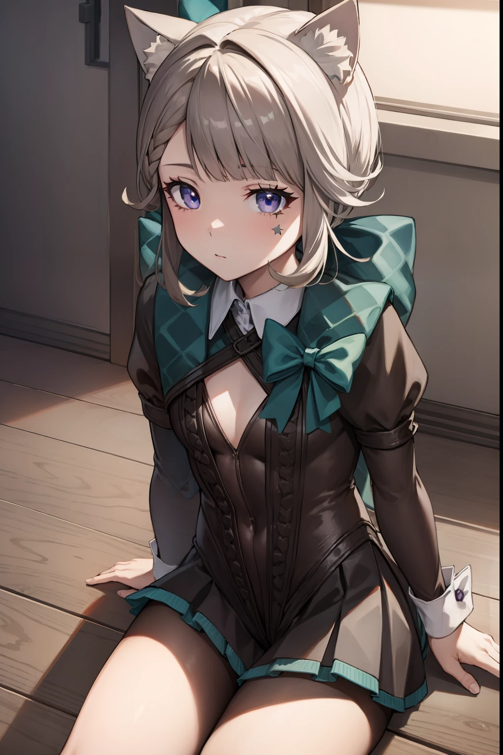 lynette, lynette, animal ear fluff, animal ears, cat ears, facial mark, hair bow, (purple eyes:1.1, brown hair, star, star on cheek,
BREAK bow, green bow, hat, leotard, long sleeves, miniskirt, pantyhose, 
BREAK looking at viewer, sitting
BREAK indoors,
BREAK (masterpiece:1.2), best quality, high resolution, unity 8k wallpaper, (illustration:0.8), (beautiful detailed eyes:1.6), extremely detailed face, perfect lighting, extremely detailed CG, (perfect hands, perfect anatomy),