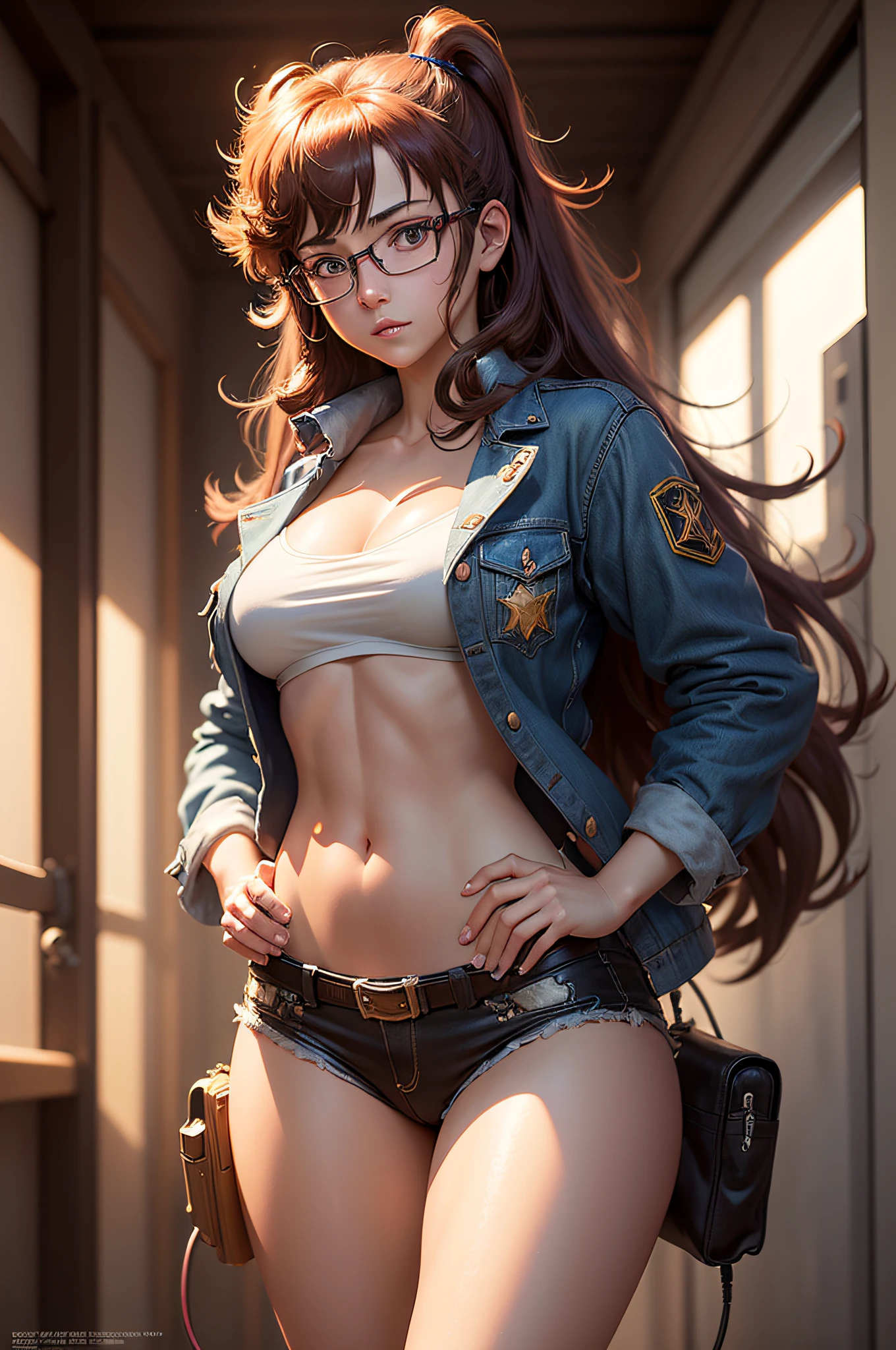 8K, Masterpiece, Best Quality, Realistic, higly detailed, Cowboy shot, 1girl, 独奏, Serious, Sensual lips, Expressive Ahoge, Slightly wavy long brown hair in a ponytail, Large shiny dark brown eyes, Small stature, Rounded hips, Well-endowed figure, eyeglasses, Cute, Leather clothing without underwear, Rocker Boots, Vandal