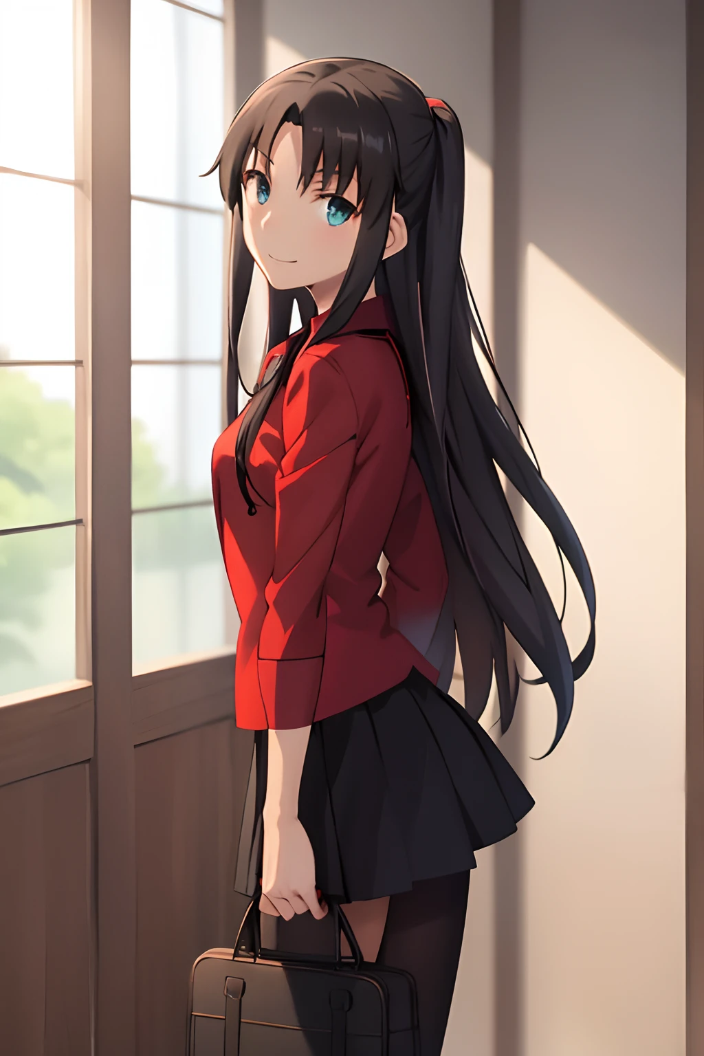 Best Quality, (masutepiece:1.2), Highly detailed,
Indoors, Head tilt,
Tohsaka Rin,
1girl in, Solo, Standing, Looking at the viewer, from the front side, Closed mouth, Smile,
Long hair, Brown hair, Blue eyes,
Red Shirt, 鎖骨, Miniskirt, Black skirt, Black pantyhose,