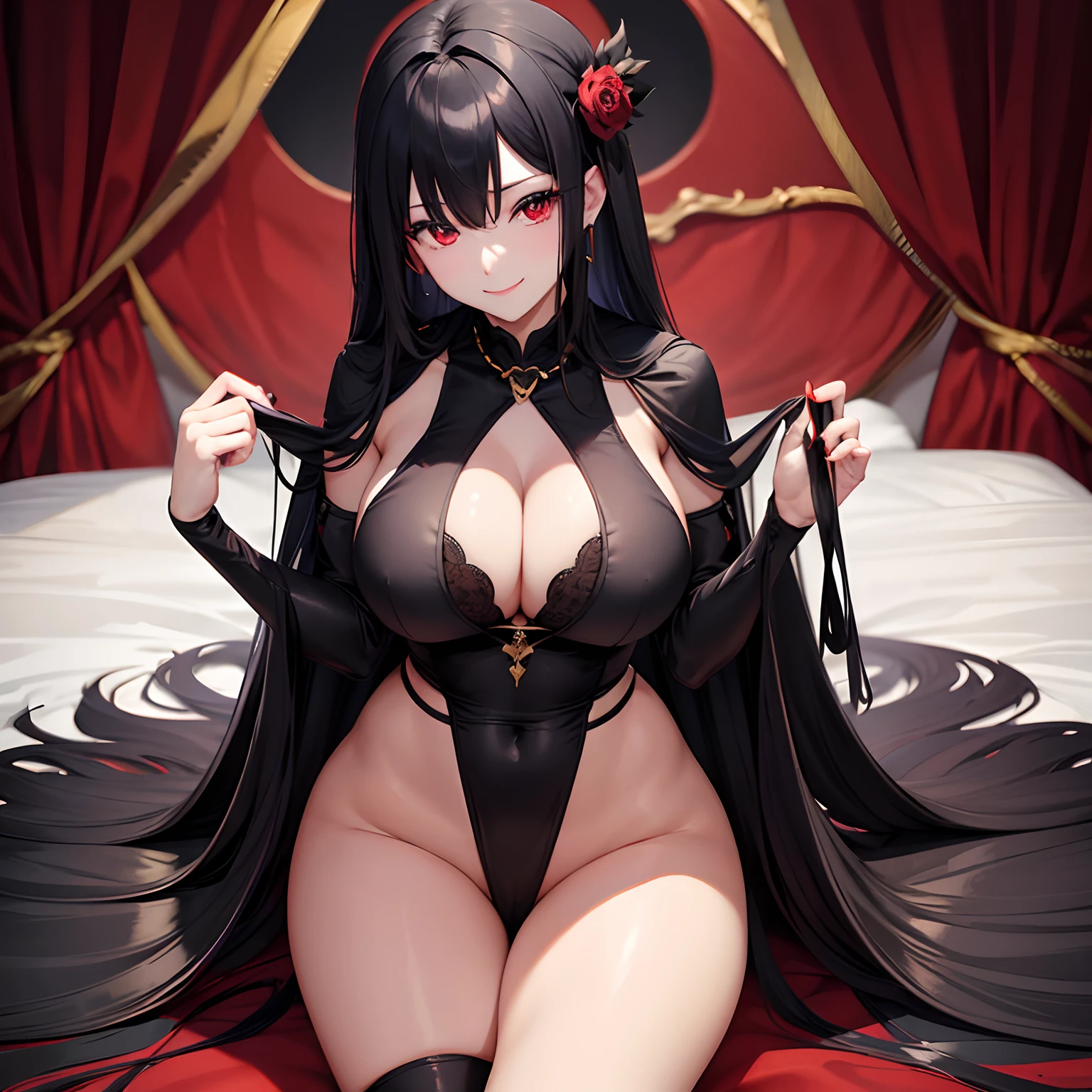 (perfect bodies)、Best Quality、Long black hair、red eyes、Bewitching smile、adult lady、Black clothe、voluptuous breasts、Thick thighs