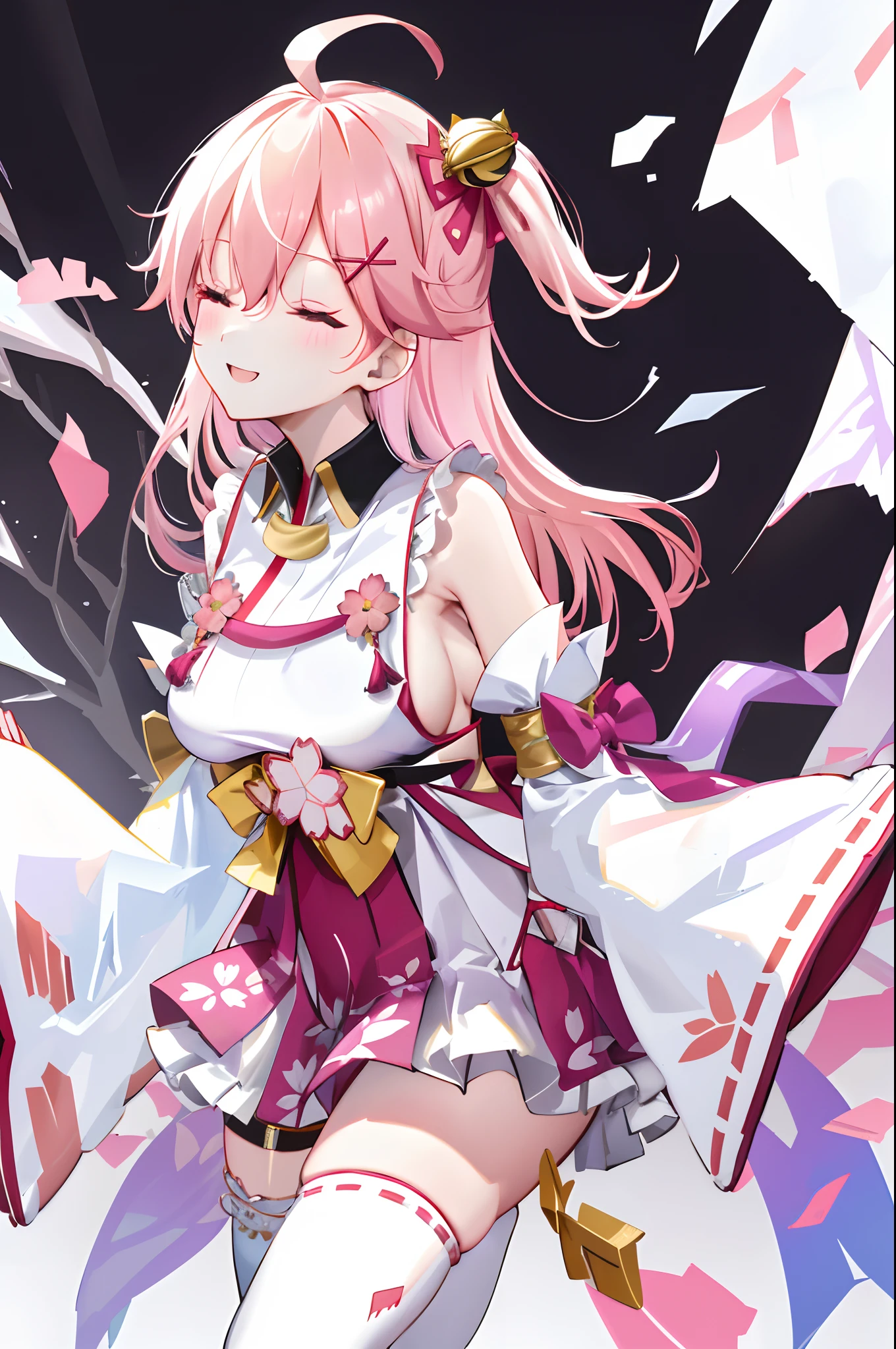 masterpiece, best quality, highres, miko1, sakura_miko, 1girl, big_boobs, solo, ahoge, x_hair_ornament, pink_hair, floral print, hairclip,(side_less_clothes:1.5), (side_boobs:1.5), hair_bell, floral print, long_hair, hair between eyes, one side up, white thighhighs, asymmetrical legwear, wide sleeves, open_mouth,(happy:1.3),close_eyes,big_smile,rising_leg,plump,apart_legs,(overly_long_sleeves:1.3),(beautiful_fingers),sleeves_past_wrists,hands_hidden_sleeves,sidelock_clothes,dynamic_posing,solo,hidden_wrists,XD,
