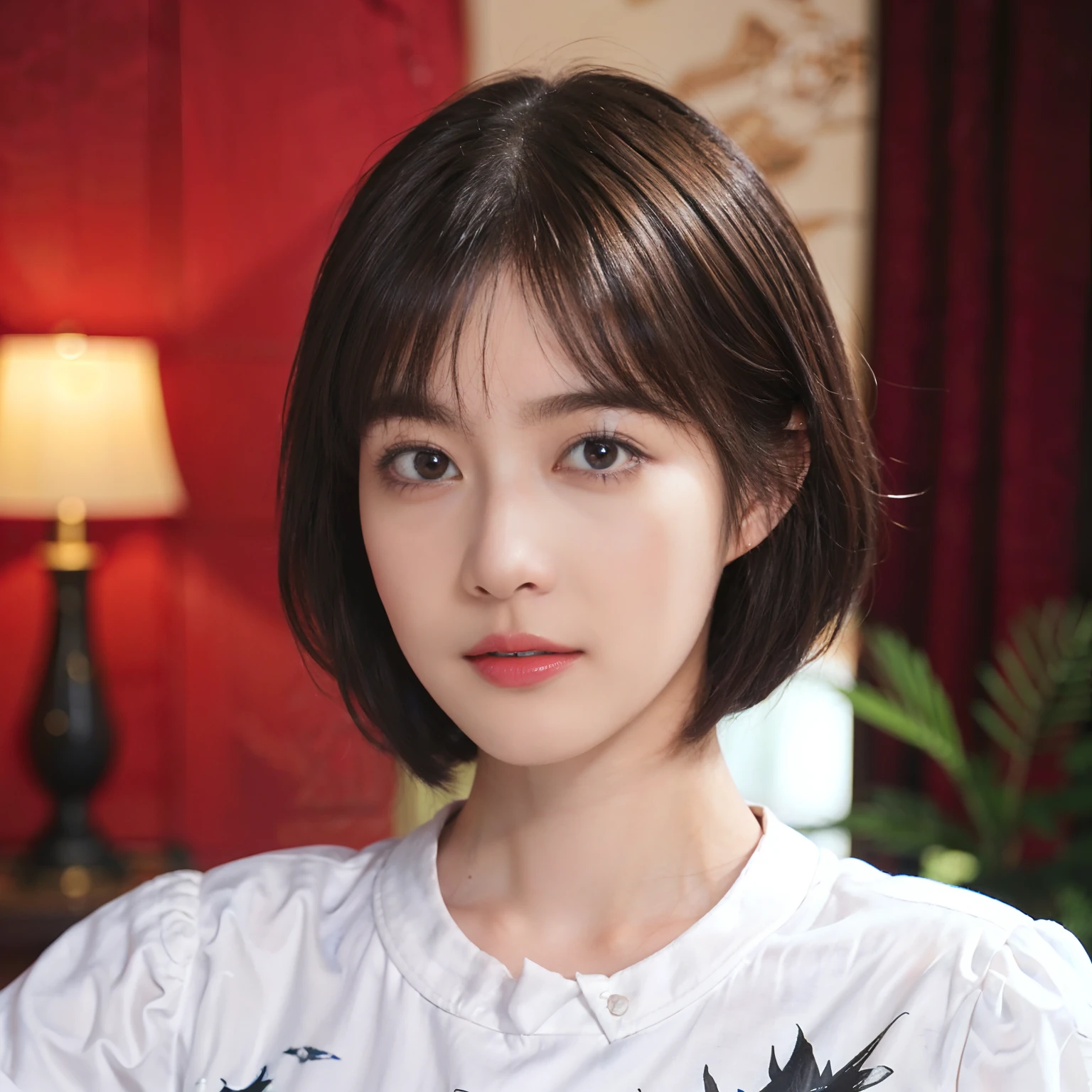 22
(Shorthair:1.3), (a 20 yo woman), (A hyper-realistic), (masutepiece), (8KUHD), Focus on the face, (The walls of the room are fractal art:1.23),
Graphic T-shirt with anime characters printed