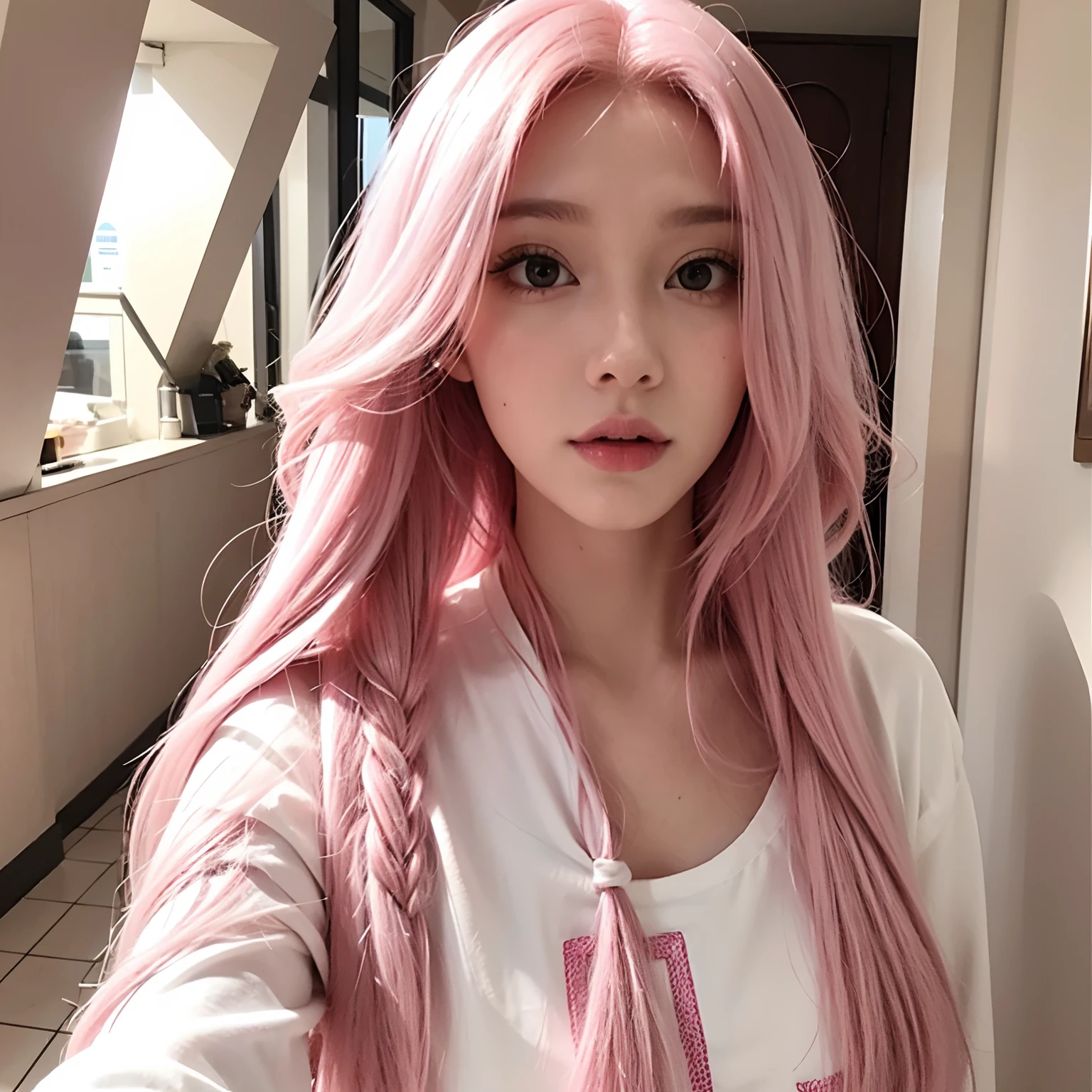 Selfie of a White girl with long pink hair