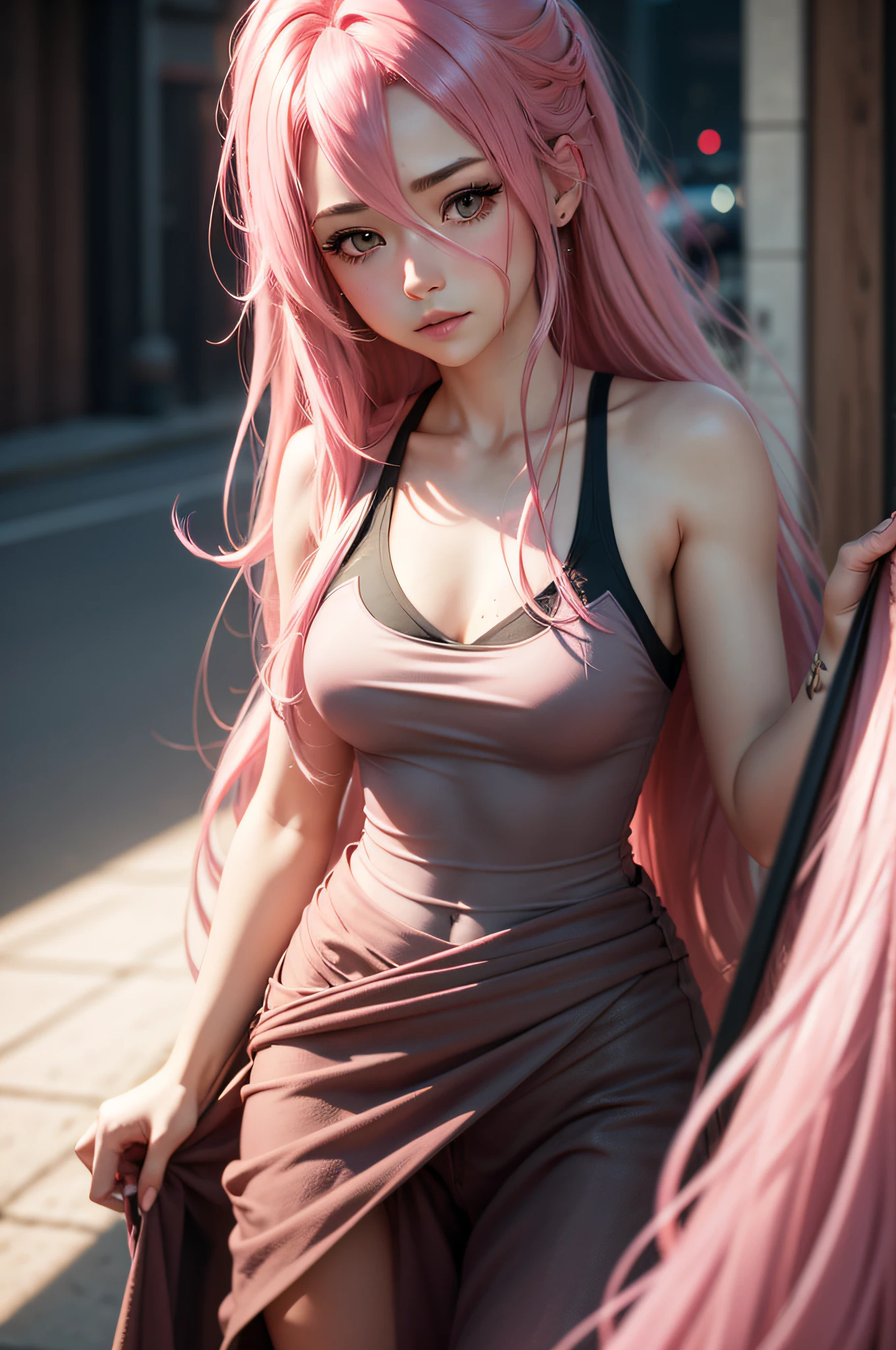 pink hair,long hair,single sidelock hairpin blush modern cinematic lighting,ray tracing,drop shadow wide shot UHD,textured skin,high details,best quality 4K