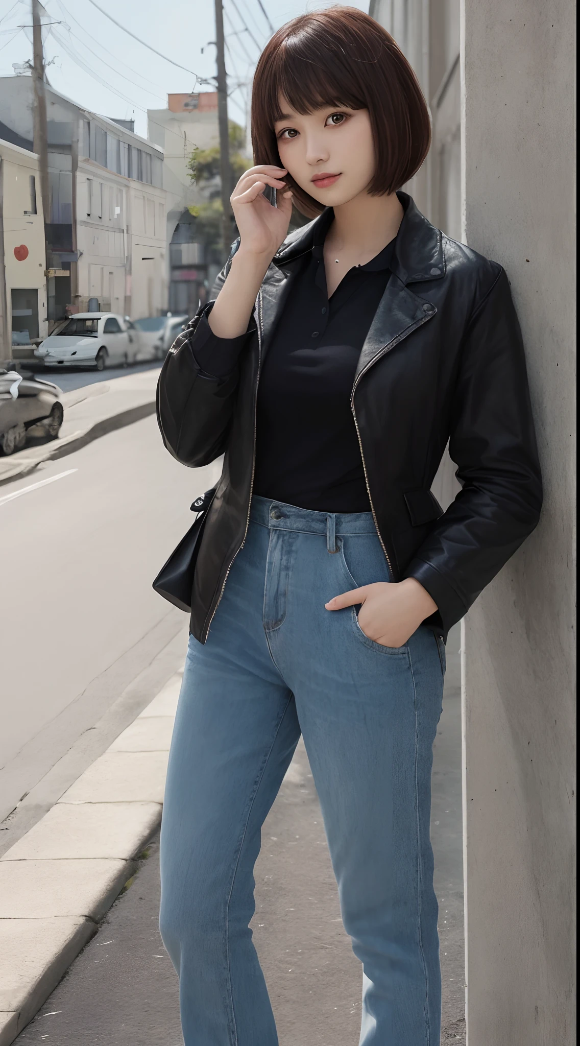 masutepiece、Best Quality、 ultra-detailliert、hight resolution、8K Wallpapers、Perfect dynamic composition,、Beautiful detailed eyes、(Beautiful Large Breasts:1.3)、27-year-old beauty、top-quality、Beautuful Women、Brown hair、Pattsun bangs、bob cuts、a small face、Cool Girl、black business jacket、Black Business Pants、Colossal tits、Chest protruding greatly from the shirt,、A slender、slender body with large breasts,,,,,,,,,,,,,,,、Leather Heel Shoes、up chest、Rooftop of an urban building、Holding a book in your right hand、Beautiful woman reading a book、The left hand puts his hand in the pocket of his pants、The beauty of looking at books、sunlight from sky、Silence、Transcendental tranquility、Super detailed illustration、extra detailed face、Raw photography、film grains、Deviantart Trends、