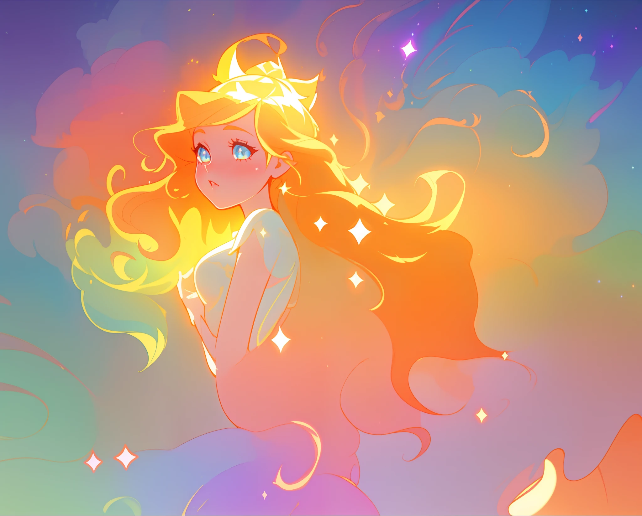 beautiful anime girl in white princess ballgown, vibrant pastel colors, (colorful), magical lights, red and gold long wavy hair, sparkling lines of light, inspired by Glen Keane, inspired by Lois van Baarle, disney art style, by Lois van Baarle, glowing aura around her, by Glen Keane, jen bartel, glowing lights! digital painting, flowing glowing hair, glowing flowing hair, beautiful digital illustration, fantasia background, whimsical, magical, fantasy, beautiful face, ((masterpiece, best quality)), intricate details, highly detailed, sharp focus, 8k resolution, sparkling detailed eyes, liquid watercolor