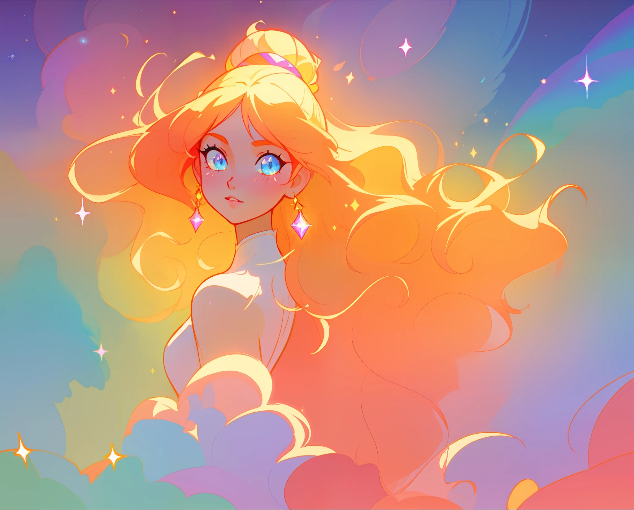 beautiful anime girl in white princess ballgown, vibrant pastel colors, (colorful), magical lights, red and gold long wavy hair, sparkling lines of light, inspired by Glen Keane, inspired by Lois van Baarle, disney art style, by Lois van Baarle, glowing aura around her, by Glen Keane, jen bartel, glowing lights! digital painting, flowing glowing hair, glowing flowing hair, beautiful digital illustration, fantasia background, whimsical, magical, fantasy, beautiful face, ((masterpiece, best quality)), intricate details, highly detailed, sharp focus, 8k resolution, sparkling detailed eyes, liquid watercolor