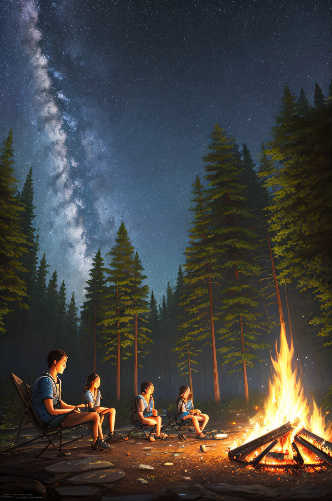 landscape, summer, night, forest, campfire in one place, unmanned, nobody, starry sky, HD detail, ultra detail, film, hyper realism, soft light, deep focus bokeh, ray tracing, hyper realism. , Art Station pixiv Gwise, Makoto Shinkai, Art Germ