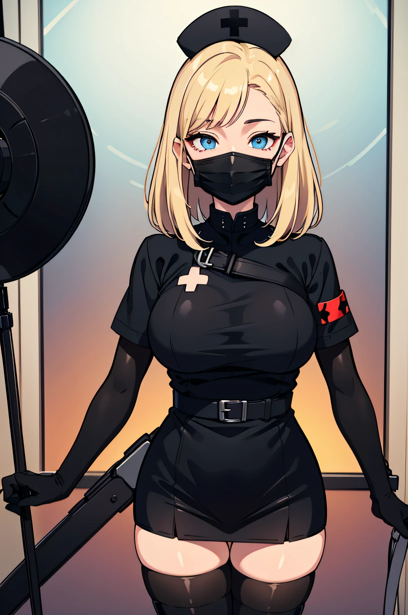 black nurse, 1woman, solo, black nurse cap, black wear, ((black legwear, zettai ryouiki)), black elbow gloves, blonde hair, blue eyes, ((black surgical mask, covered nose)), standing, ((surgery room)), sharp outline, short sleeves, mature female, 35 years old, best quality, masterpiece
