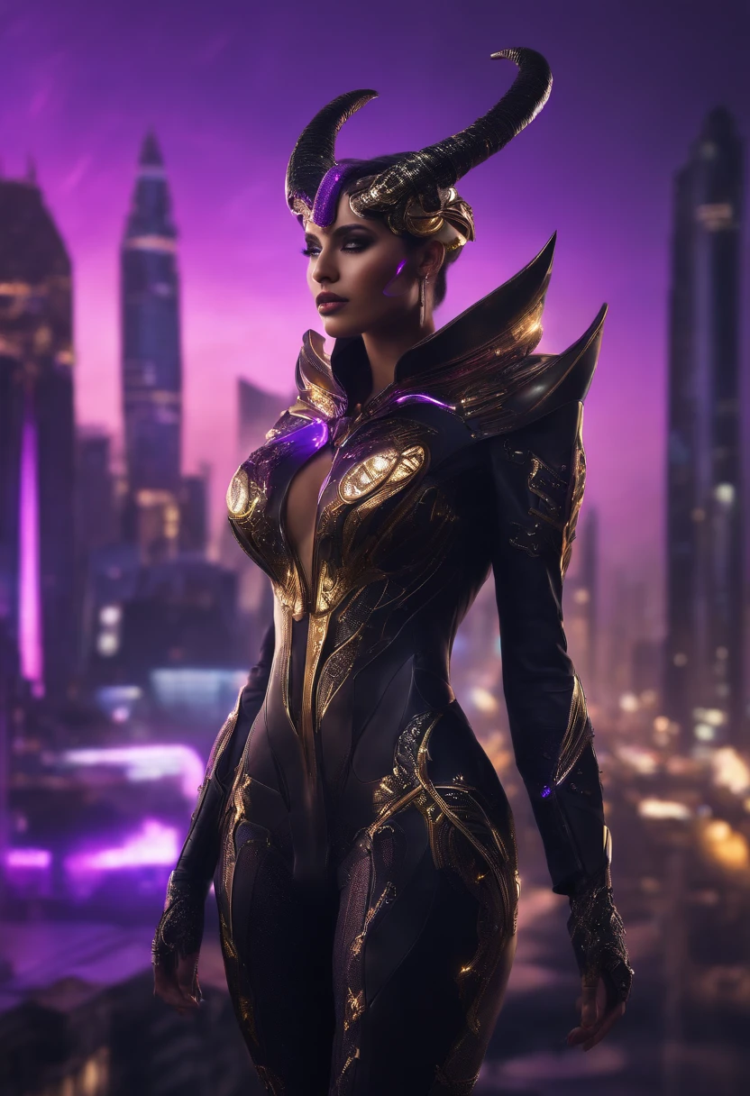 (highres:1.2),detailed,seductive Sukkubus with horns,wearing a cyber suit in black and purple with golden embellishments,posing in a futuristic cityscape,glowing neon lights,ethereal atmosphere
