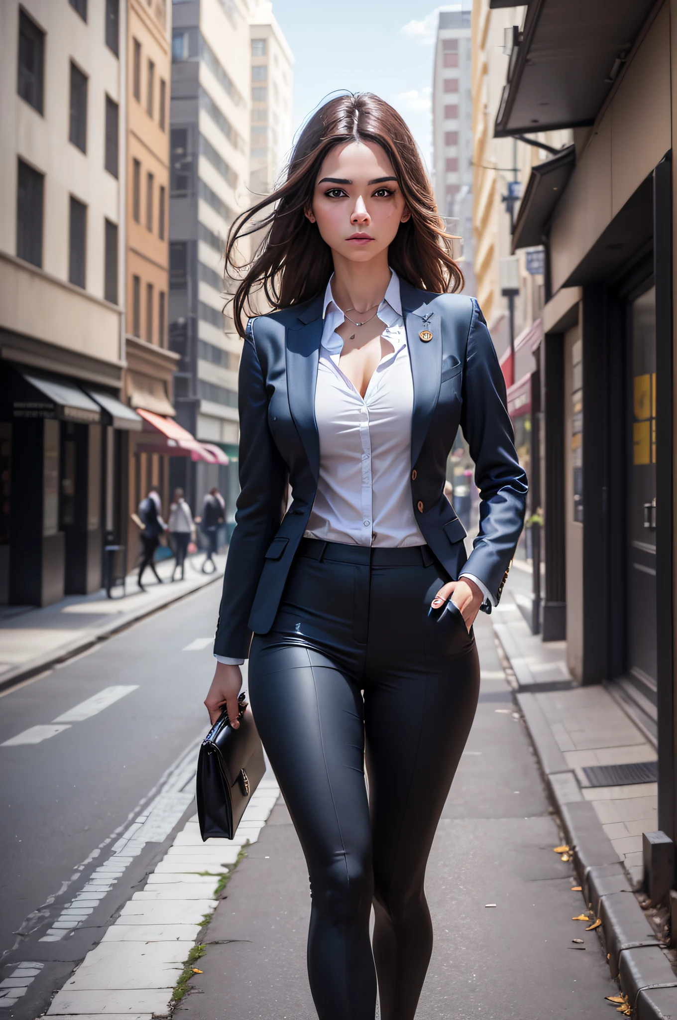 (8k, RAW photo, best quality, masterpiece: 1.2), (realistic, photorealistic: 1.37), 1 woman in nsfw suit standing on the sidewalk, cityscape, day, sunny morning, professional lighting, photon mapping, radiosity, Brazilian woman, torn, shirt, woman in suit, silk suit