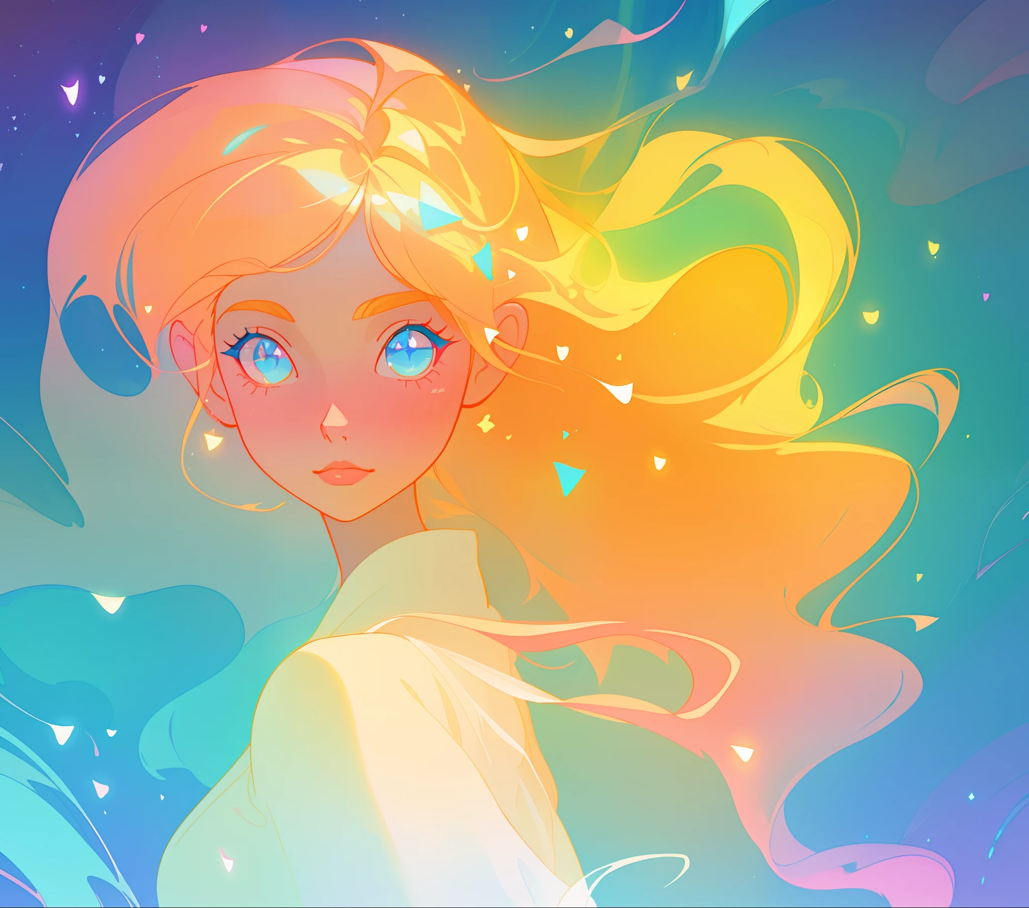 beautiful girl, flowing white gown, vibrant pastel colors, (colorful), magical lights, long flowing golden hair, inspired by Glen Keane, inspired by Lois van Baarle, disney art style, by Lois van Baarle, glowing aura around her, by Glen Keane, jen bartel, glowing lights! digital painting, flowing glowing hair, glowing flowing hair, beautiful digital illustration, fantasia background, whimsical, magical, fantasy, beautiful face, ((masterpiece, best quality)), intricate details, highly detailed, sharp focus, 8k resolution, sparkling detailed eyes, liquid watercolor