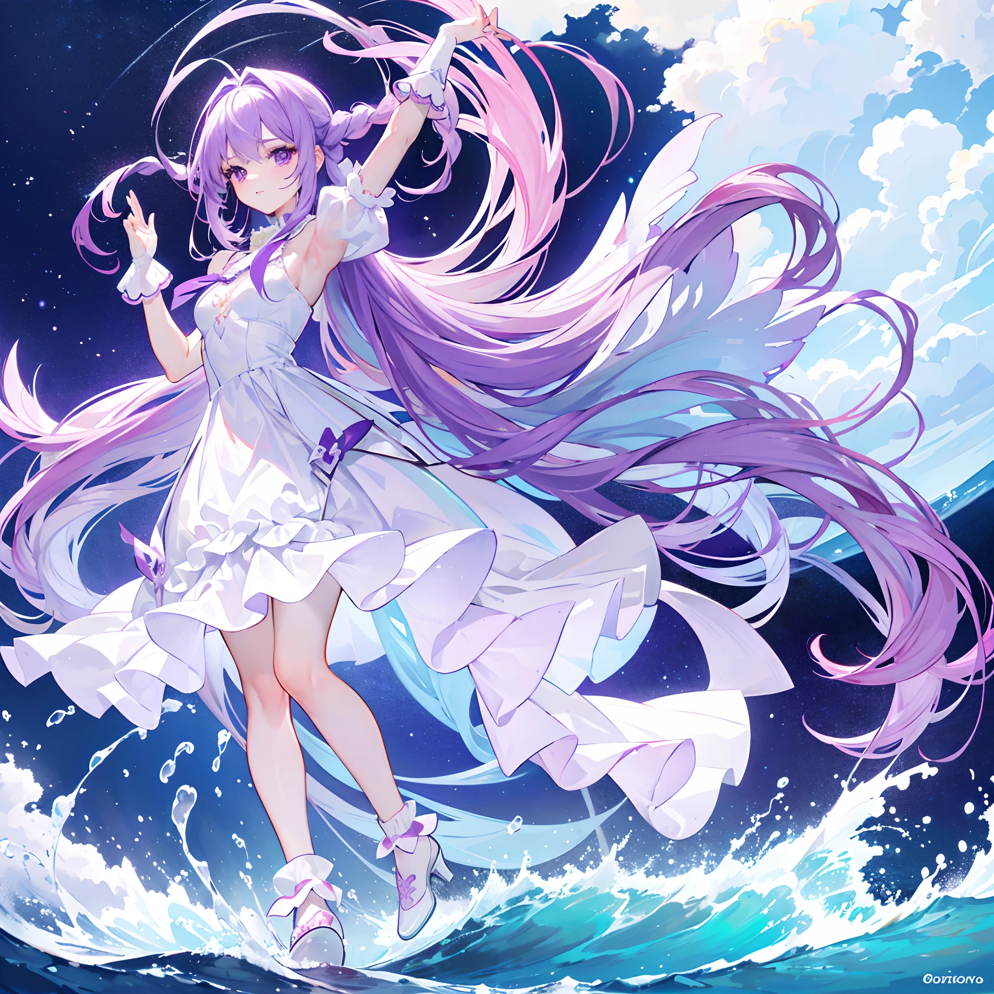 Purple colored hair，long whitr hair，Purple eyes，Twist braids，adolable，s girl，White gorgeous beautiful dress，Wearing white high heels on his feet，Stand with your feet in the water，Full body photo from the side，All body，Fingers and arms are not exposed，background ocean，with blue sky and white clouds，Happy expression，Cute gestures