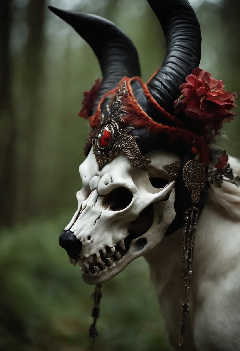 (master part, best quality), monstro, humanoide, close-up, retirado de um monstro, Wolf skull on head, assustador, horns on head, capuz, fundo branco