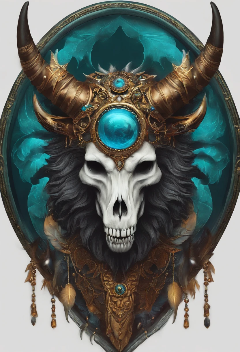(master part, best quality), monstro, humanoide, close-up, retirado de um monstro, Wolf skull on head, assustador, horns on head, capuz, fundo branco