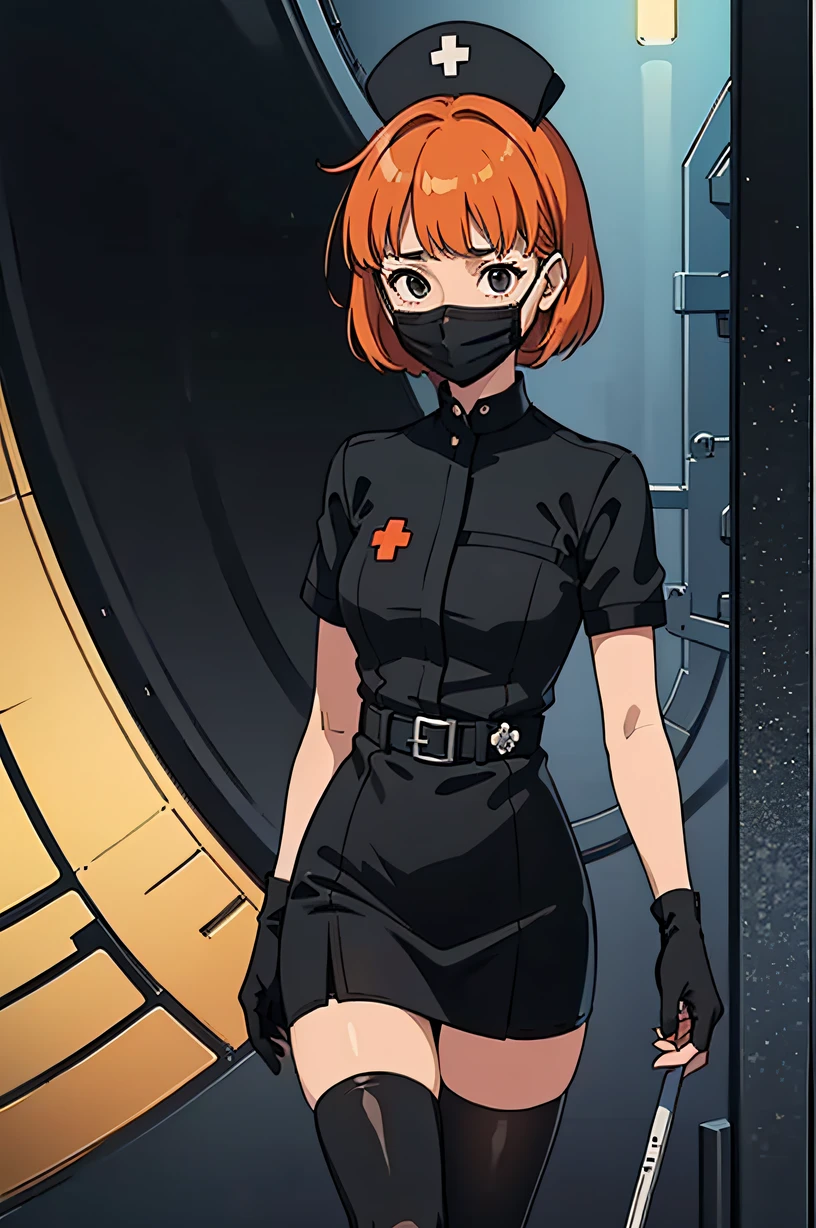 black nurse, 1girl, solo, black nurse cap, black wear, ((black legwear, zettai ryouiki)), black elbow gloves, very short hair, orange hair, ((black surgical mask, covered nose)), standing, ((surgery room)), sharp outline, short sleeves, tomboy, boyish, best quality, masterpiece