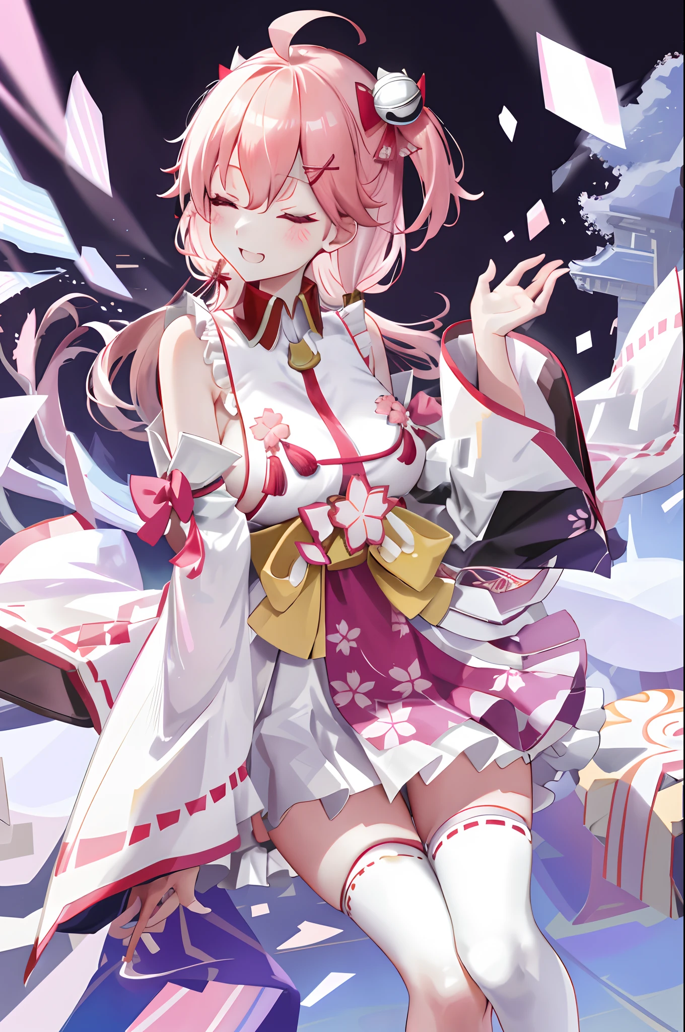 masterpiece, best quality, highres, miko1, sakura_miko, 1girl, big_boobs, solo, ahoge, x_hair_ornament, pink_hair, floral print, hairclip,(side_less_clothes:1.5), (side_boobs:1.5), hair_bell, floral print, long_hair, hair between eyes, one side up, white thighhighs, asymmetrical legwear, wide sleeves, open_mouth,(happy:1.3),close_eyes,big_smile,rising_leg,plump,apart_legs,(overly_long_sleeves:1.3),(beautiful_fingers),sleeves_past_wrists,hands_hidden_sleeves,sidelock_clothes,dynamic_posing,solo,hidden_wrists,XD,