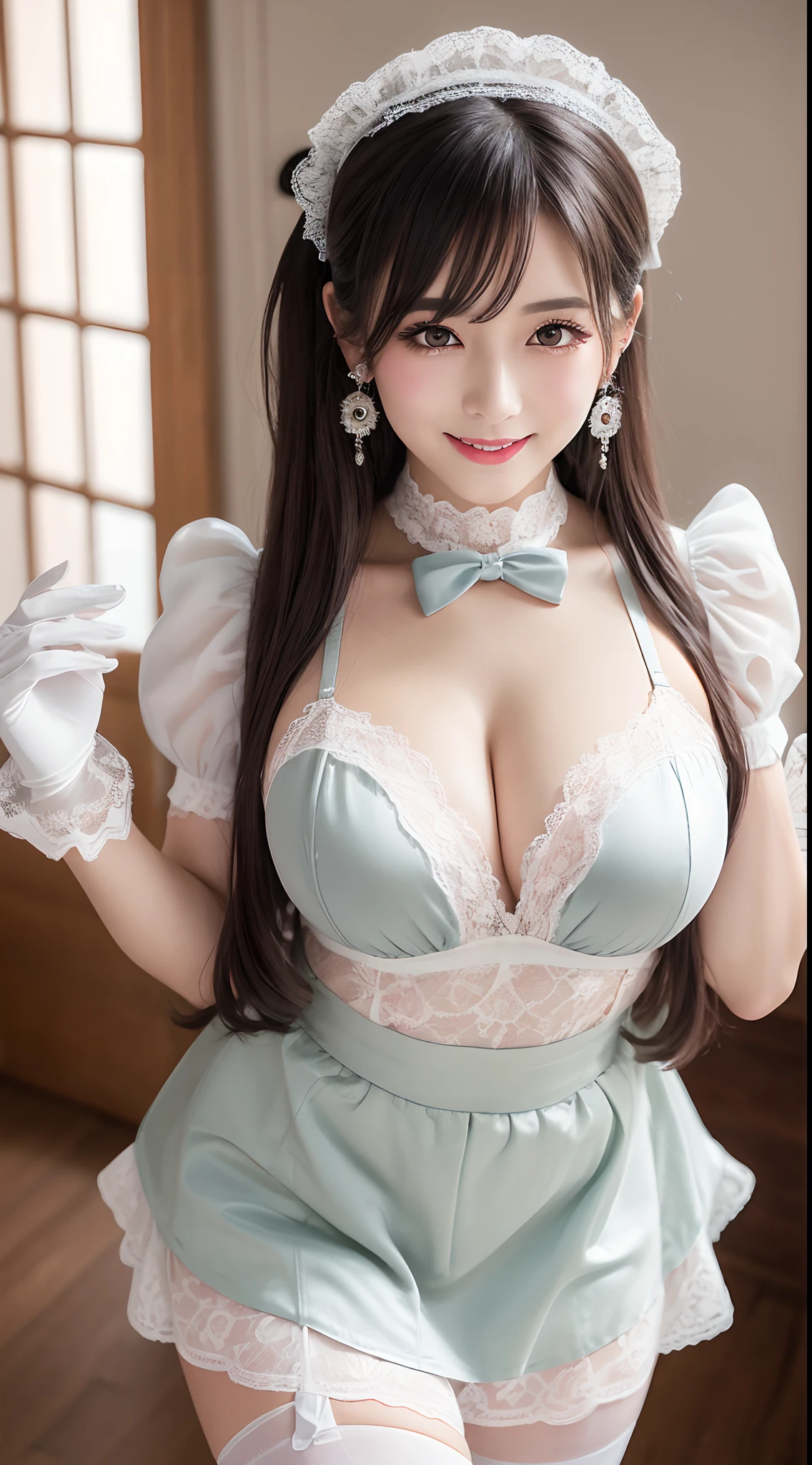 Painted smoky makeup, eye shadow, Maid girl in pastel colors, Silky hair, Wearing hair accessories or earrings, Sweet smile. She wore a maid skirt, White stockings on her legs, and lace gloves. Scenes are random.Colossal tits、cleavage of the breast、model poses、