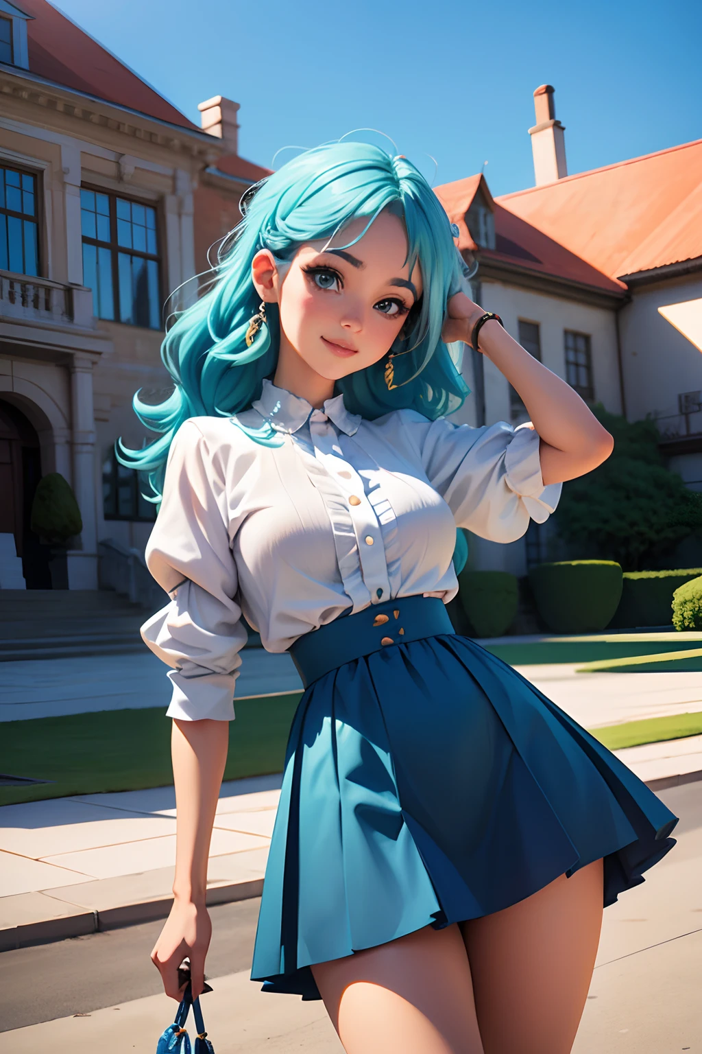 (extremamente delicado e bonito: 1.2), 1girl, menina anime com cabelo azul longo, olhos e sombrancelhas azuis, in front of a large mansion, pose by extending one arm toward the mansion, sorridente, trending on artstation pixiv, artgerm em artstation pixiv, Touwa Erio, fanart detalhada, obra de melhor qualidade, 16k