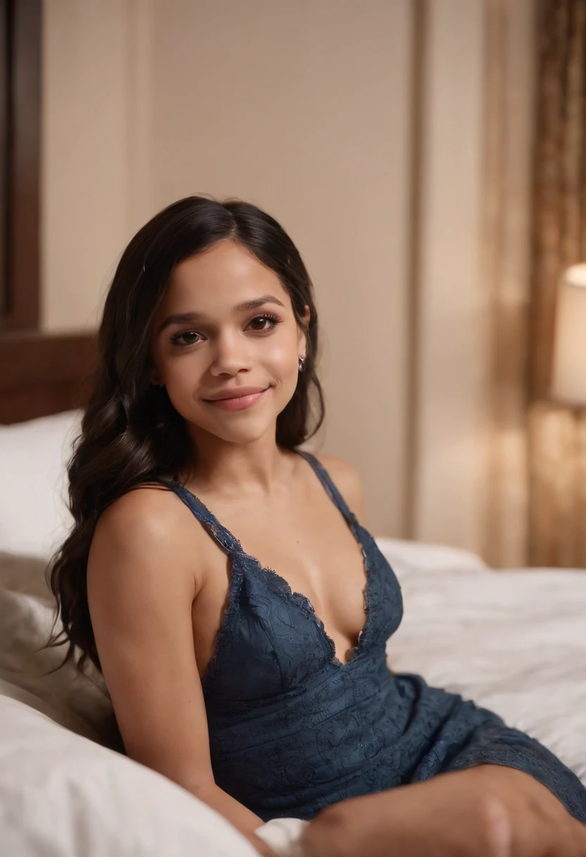 Hotel room, luggage on the floor, Jenna Ortega lying on the bed naked, Jenna Ortega actor, her smiling, naked