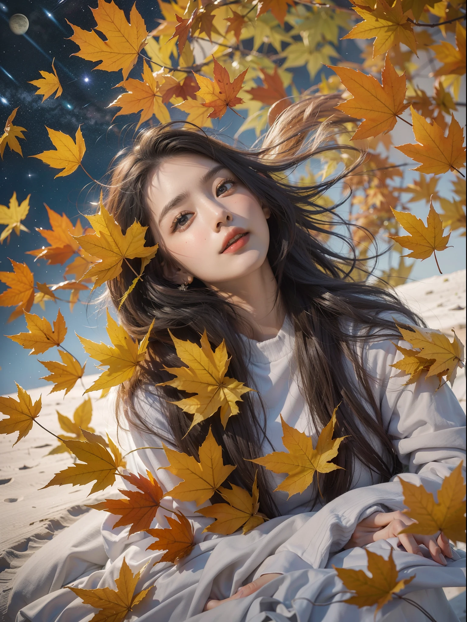 Girl enjoying the vacation on the moon, in space, falling maple leafs effects, masterpiece collection, award winning artwork, high detailed